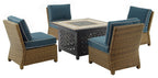 Crosley Furniture Bradenton 5-Piece Wicker Outdoor Chair Patio Furniture Set with Propane Gas Fire Pit Table, Brown with Navy Cushions