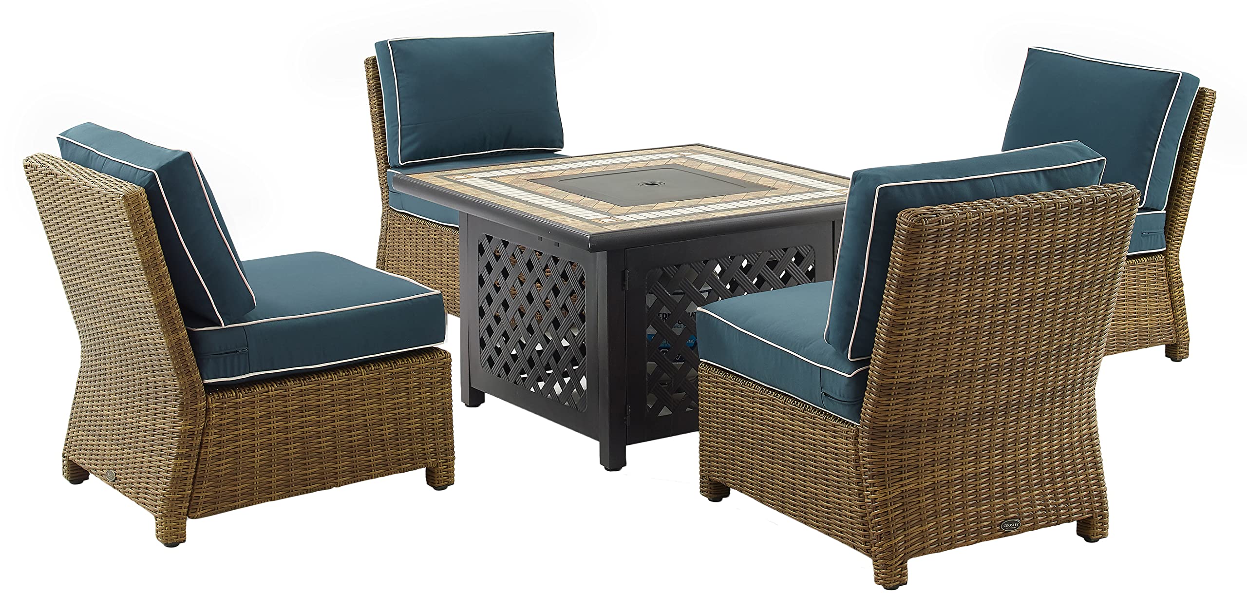 Crosley Furniture Bradenton 5-Piece Wicker Outdoor Chair Patio Furniture Set with Propane Gas Fire Pit Table, Brown with Navy Cushions