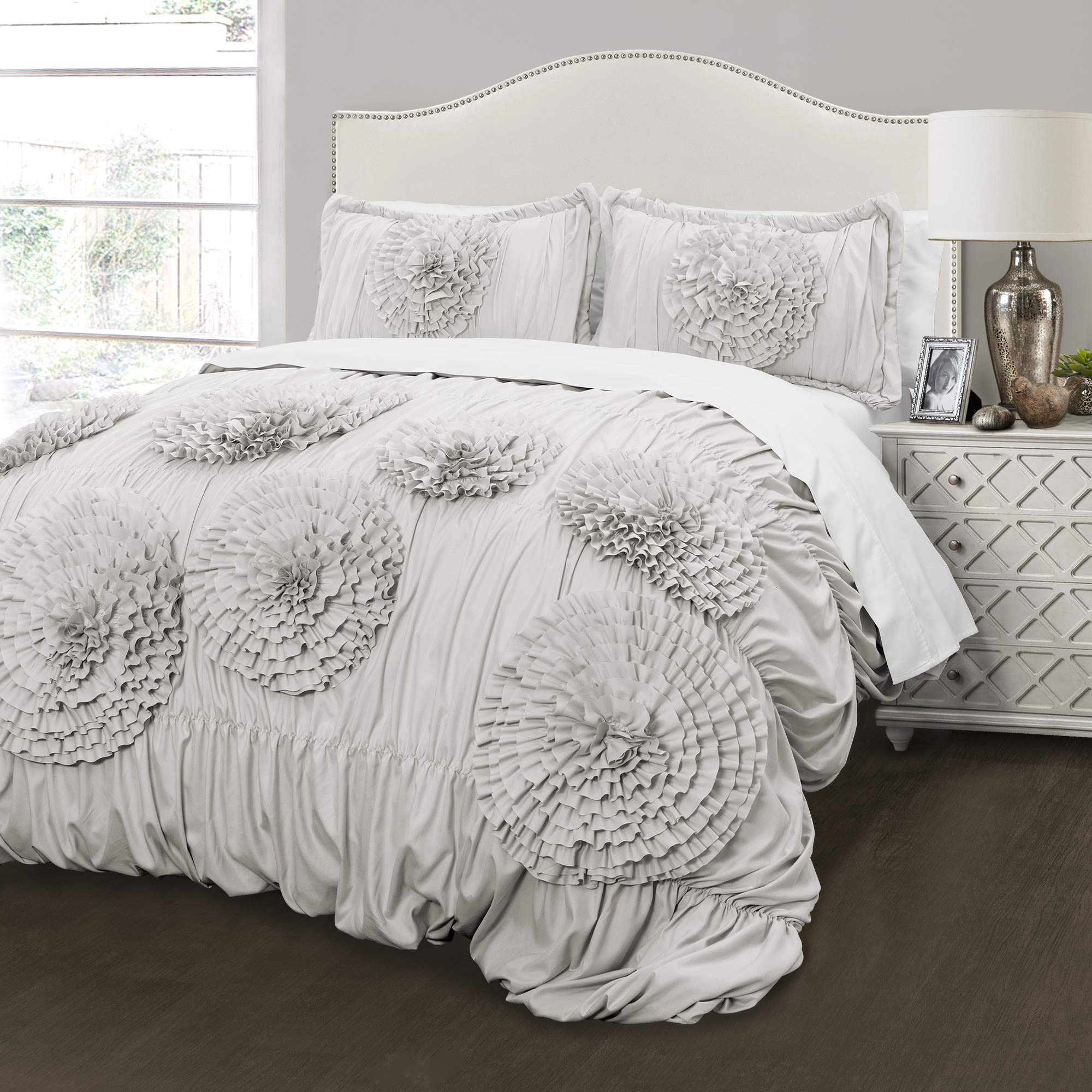 Lush Decor Serena Comforter Set, 3 Piece Set, King, Light Gray - Ruched Ruffled Flower Design - Romantic Ruffle Bedding Set - Vi