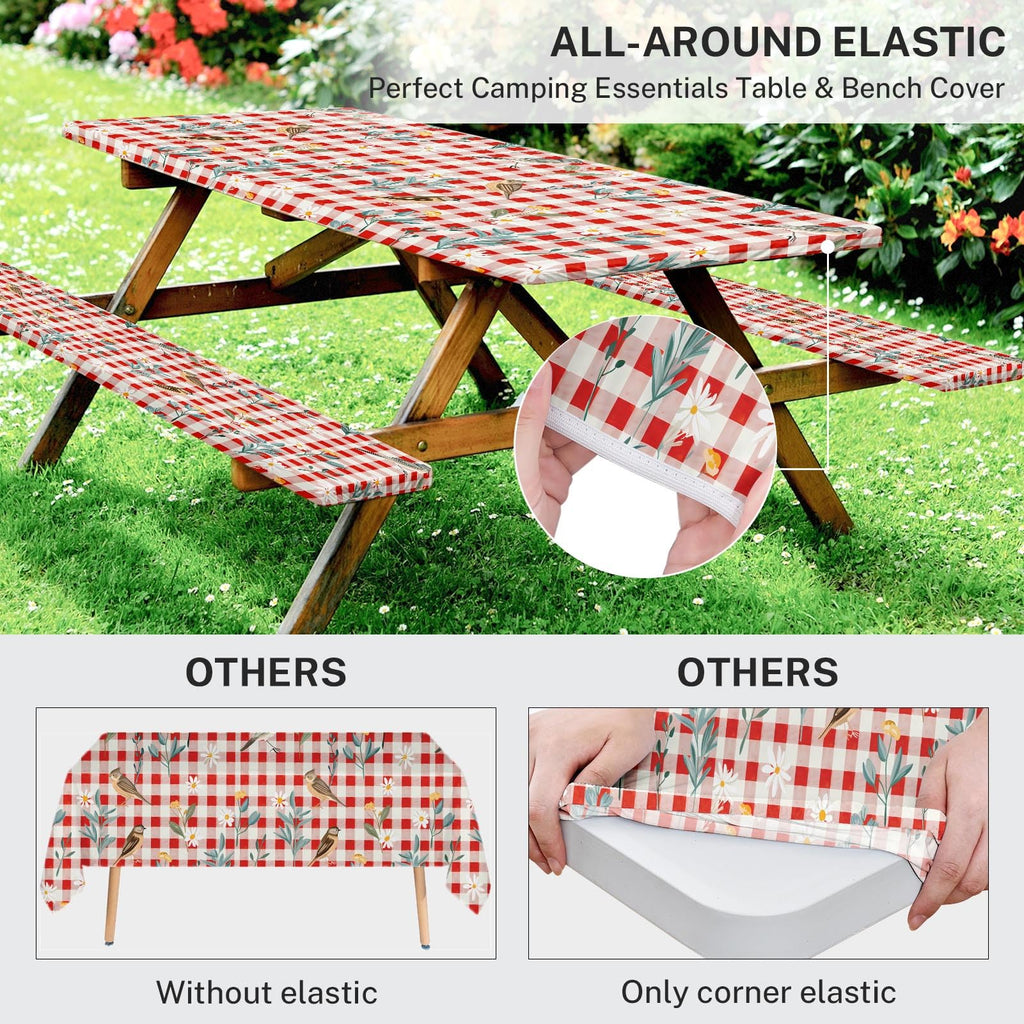 Britown Birds Picnic Table Cover With Bench Covers, Red Checkered Fitted Rectangle Table Cover, Outdoor Patio Camping Essentials