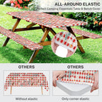 Britown Birds Picnic Table Cover With Bench Covers, Red Checkered Fitted Rectangle Table Cover, Outdoor Patio Camping Essentials