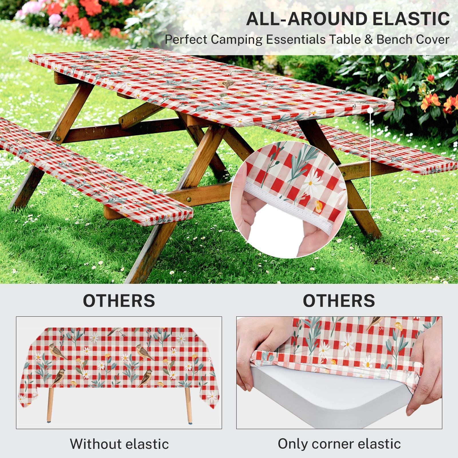 Britown Birds Picnic Table Cover With Bench Covers, Red Checkered Fitted Rectangle Table Cover, Outdoor Patio Camping Essentials