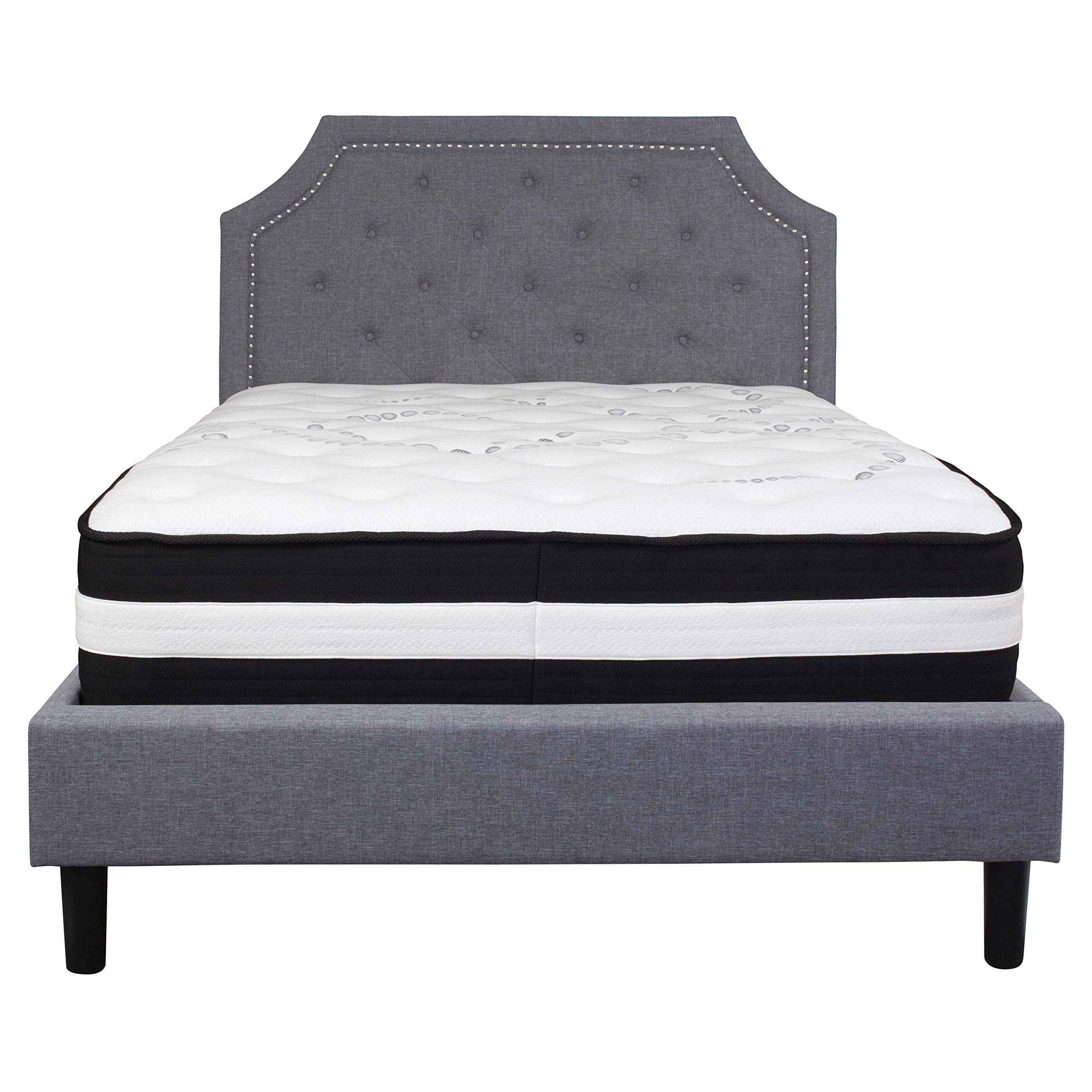 Flash Furniture Brighton Full Size Tufted Upholstered Platform Bed In Light Gray Fabric With Pocket Spring Mattress