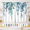 Oolygoo Teal Eucalyptus Botanical Leaves Floral Small Kitchen Curtains Blue Flower Window Treatment Wildflower Plant Cafe Short