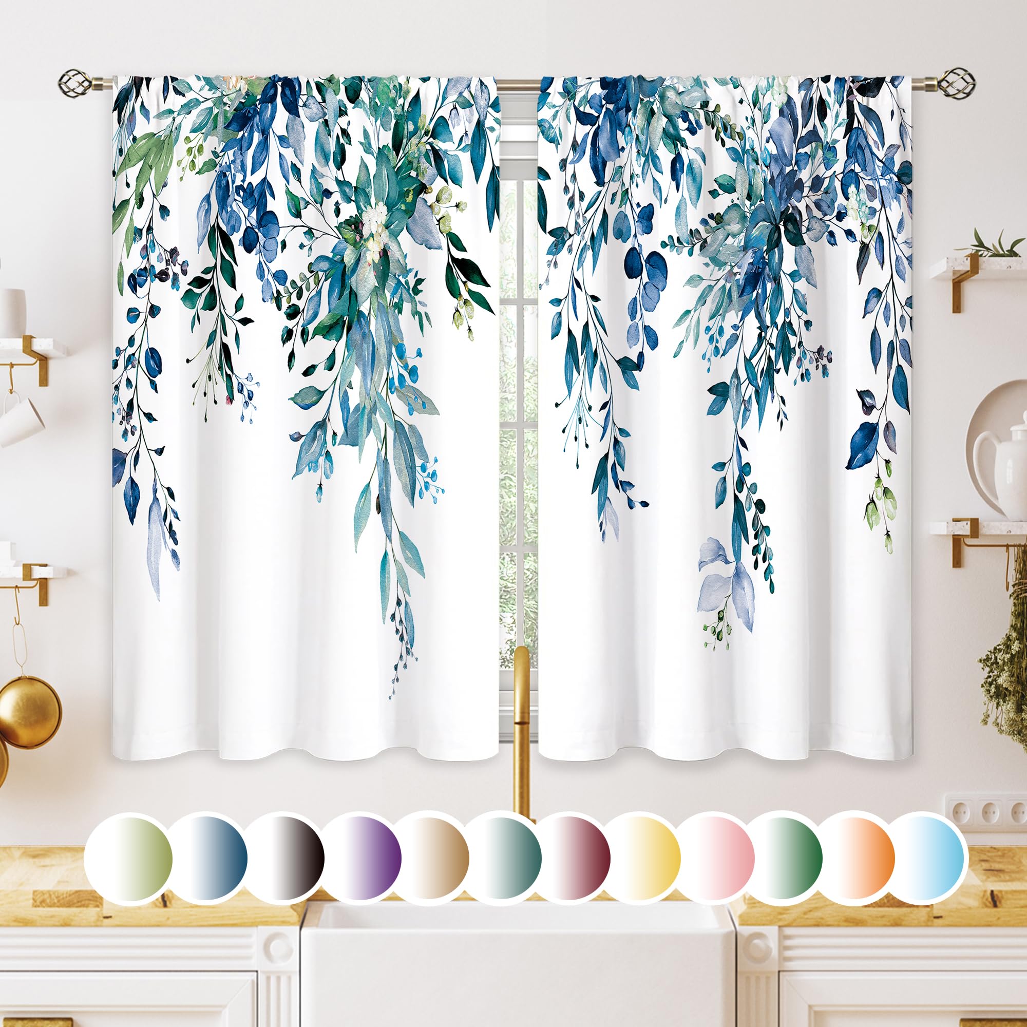 Oolygoo Teal Eucalyptus Botanical Leaves Floral Small Kitchen Curtains Blue Flower Window Treatment Wildflower Plant Cafe Short