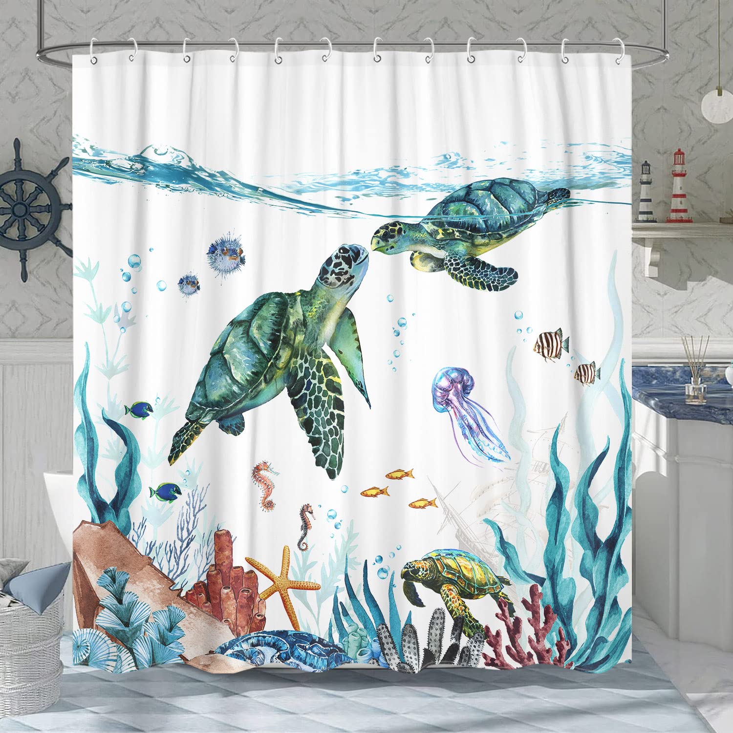 Fowocu Sea Turtle Shower Curtain Teal Blue Ocean Waterproof Fabric Shower Curtains For Bathroom With Funny Animal Octopus Starfi