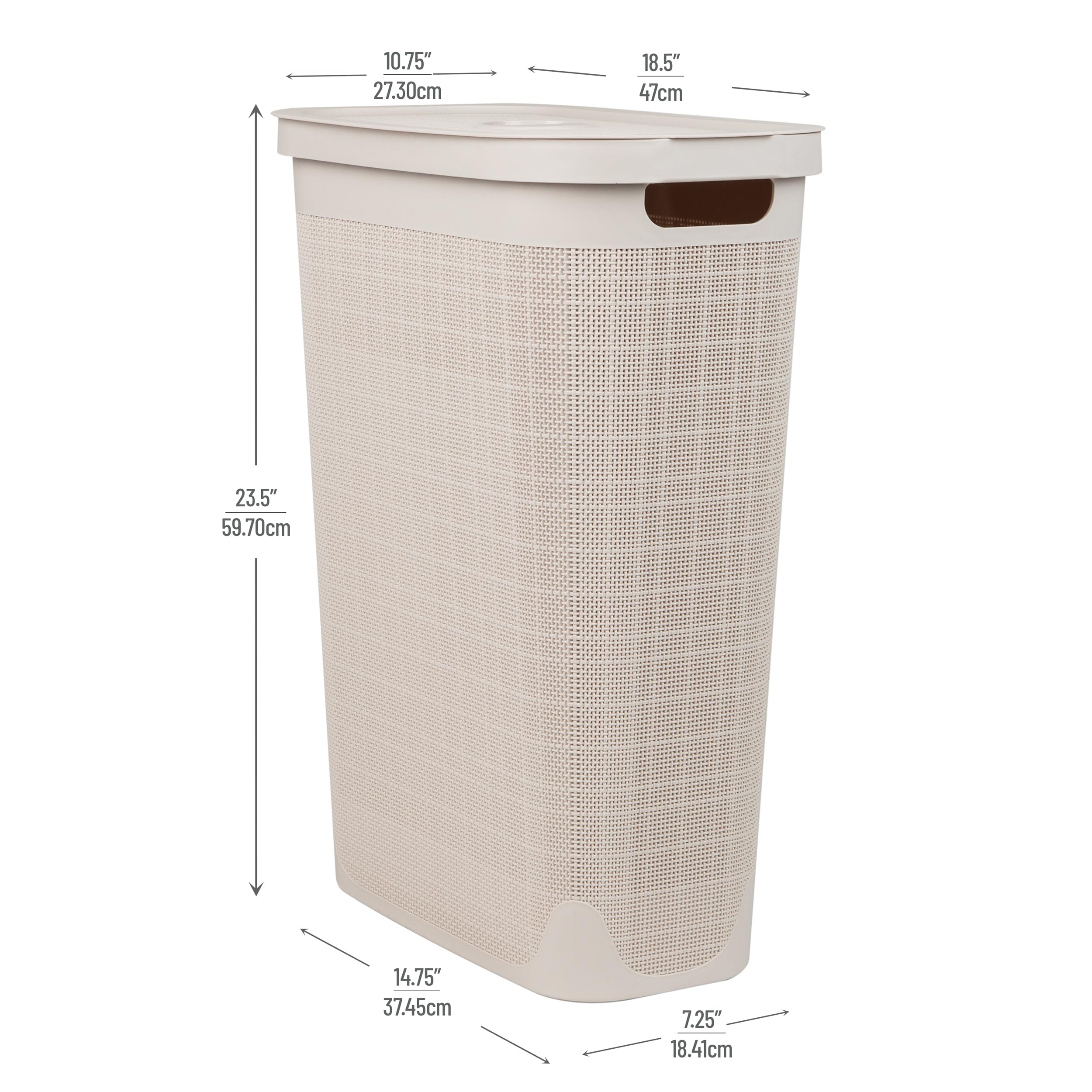 Mind Reader 40L Slim Laundry Hamper, Clothes Basket, Lid, Linen Design, Plastic, 18.5   L X 10.75   W X 23.5   H, Ivory