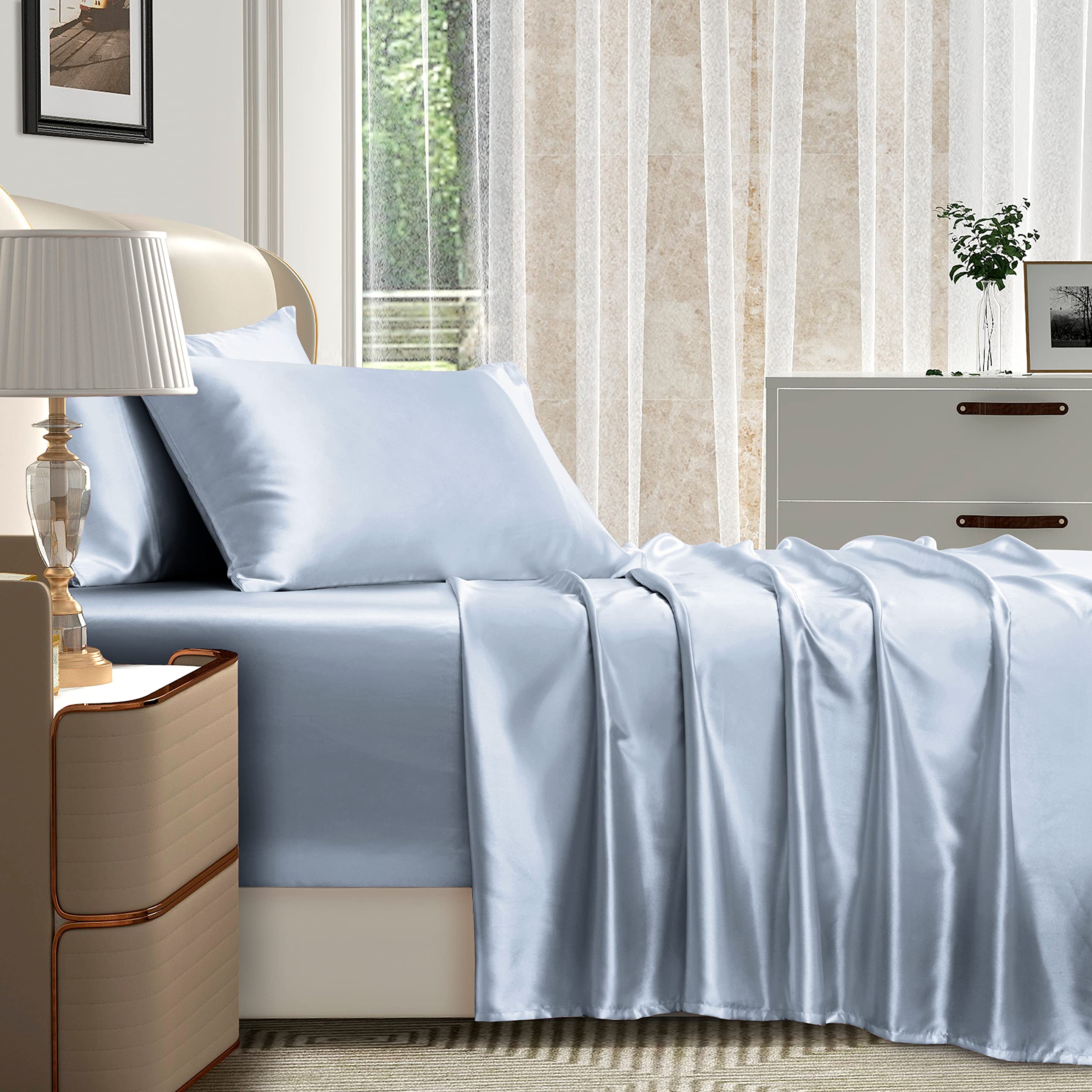 Homiest 4Pcs Extra Deep Pocket Satin Sheets Full Size Bed Set, 18-24 Inch Deep Pocket Bed Sheets Baby Blue Satin Sheet Set, Silky Satin Bedding Set Luxury Fitted Sheet Set Fits Ultra Deep Mattress