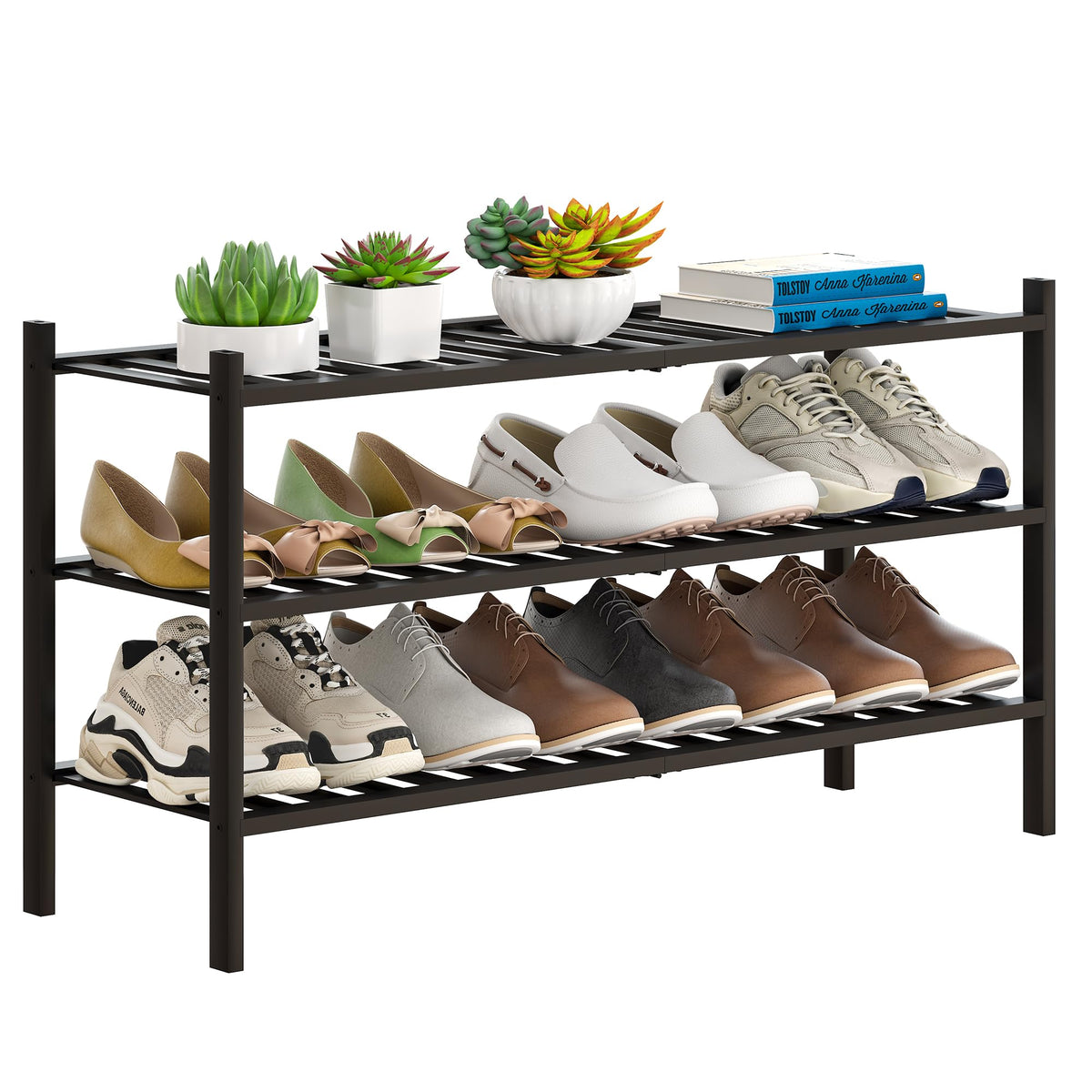 Filwh Bamboo Shoe Rack Stackable Shoe Shelf Storage Organizer For Unit Entryway Hallway And Closet Sturdy Freestanding Shoe Shelf(3L Tier Black)
