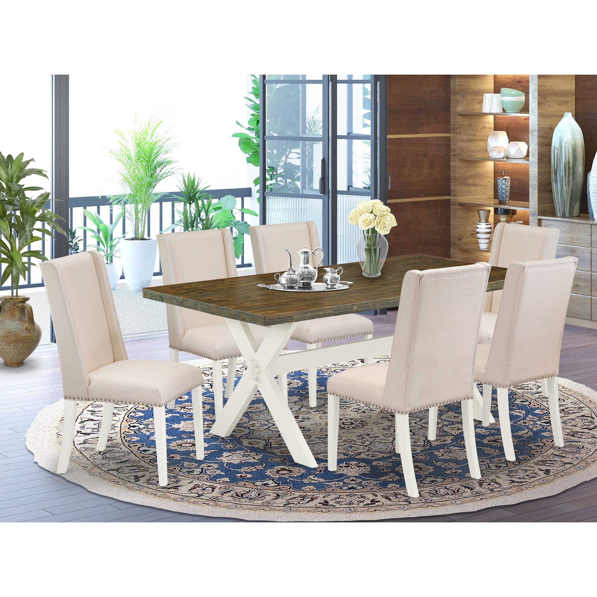 East West Furniture X077Fl201-7 7 Piece Dining Room Furniture Set Consist Of A Rectangle Dining Table With X-Legs And 6 Cream Linen Fabric Upholstered Chairs, 40X72 Inch, Multi-Color