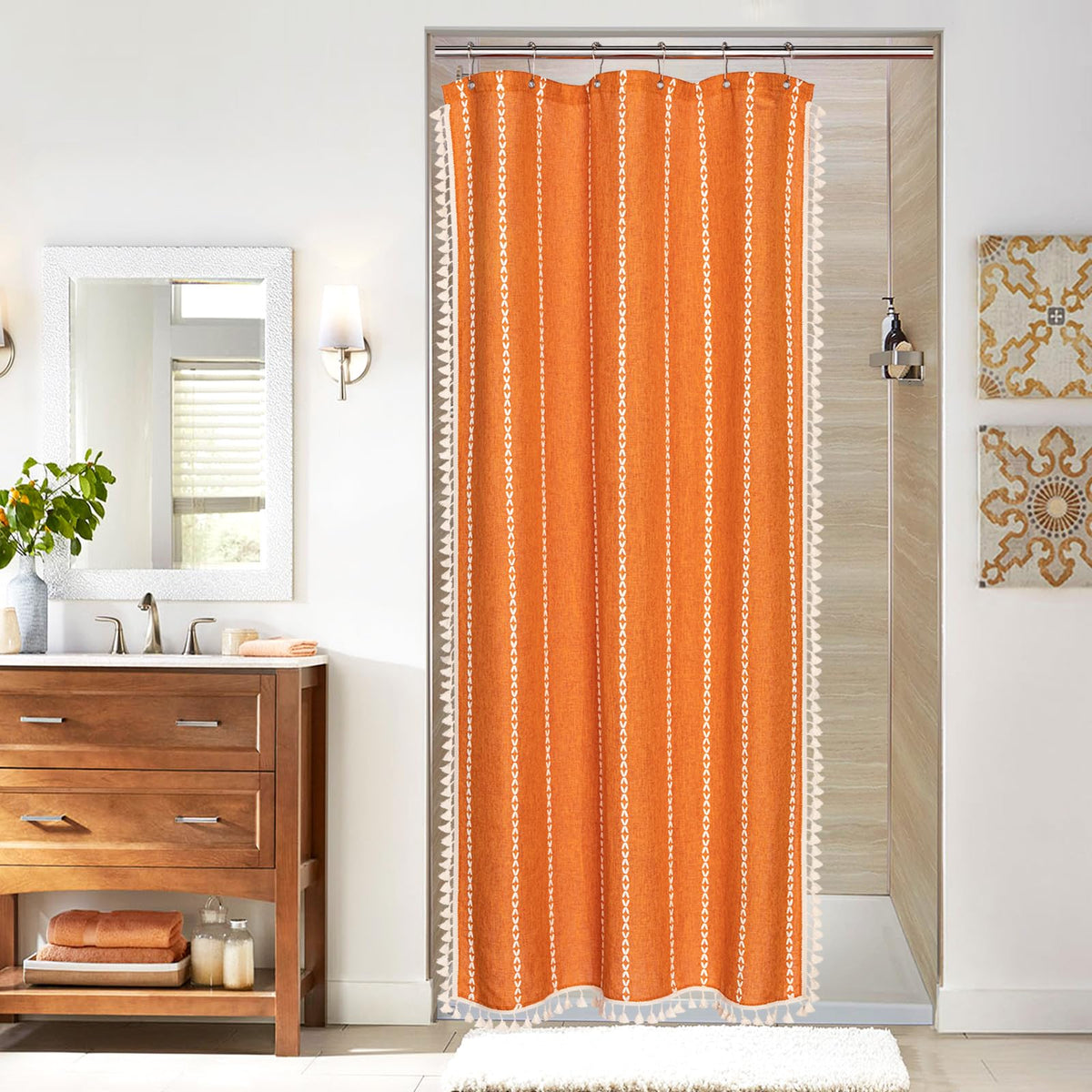 Mitovilla Orange Small Stall Shower Curtain 36 X 72, Half Size Narrow Cotton Linen Heavy Fabric Shower Curtains For Boho Farmhou