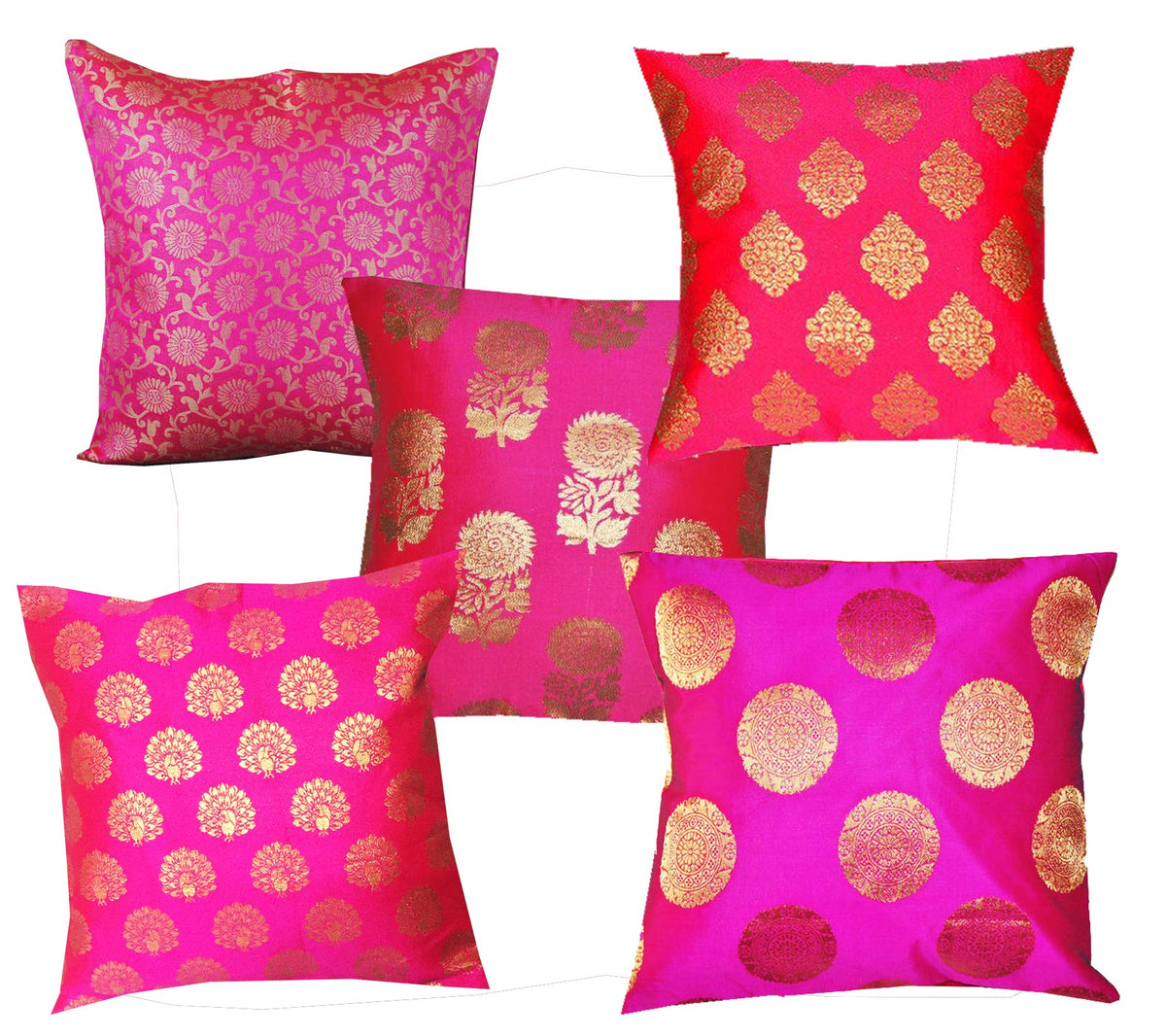 Pink Parrot Art Silk Multi ColourCushion Cover With Zipper 18X18 InchSet Of 5 Pcs