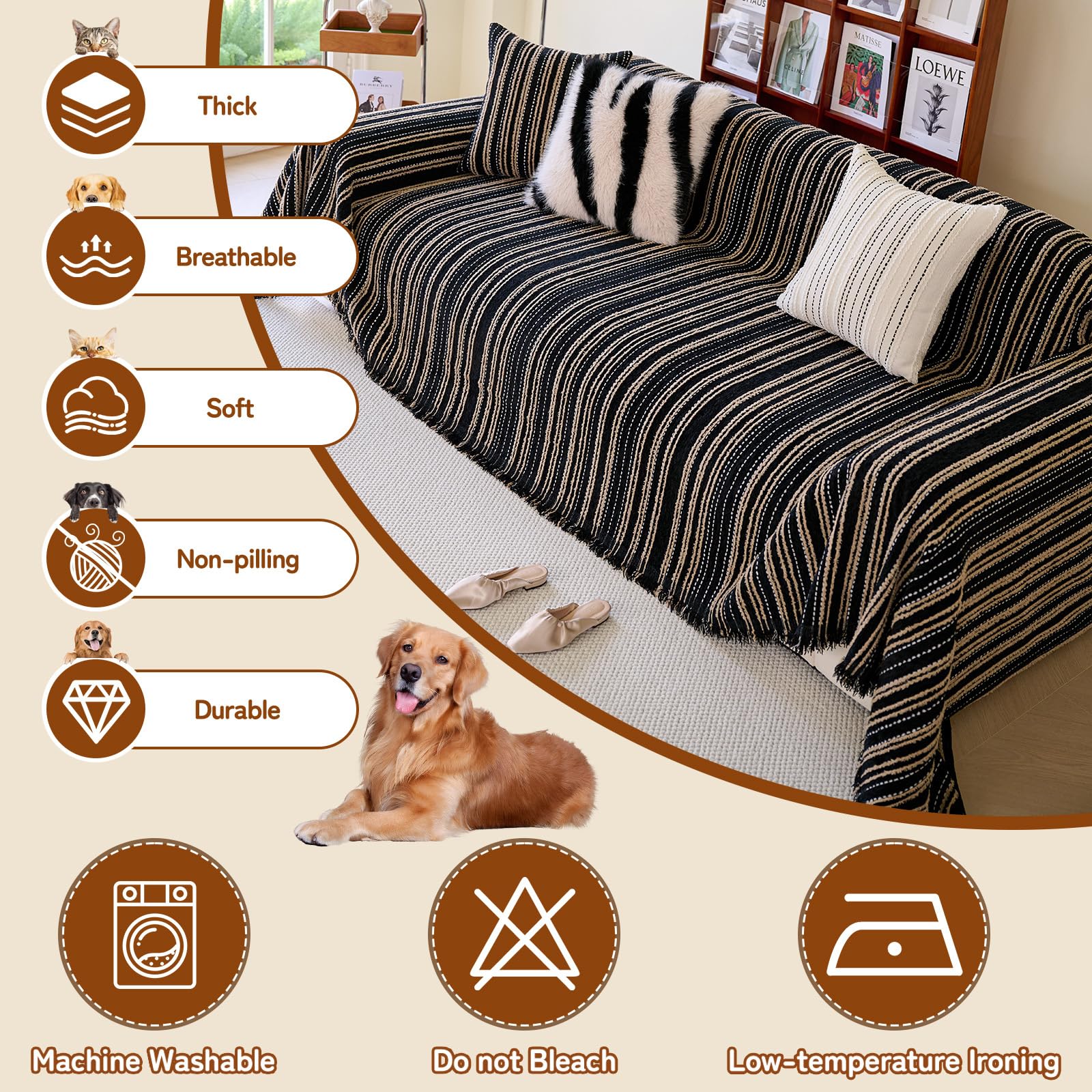 Handontime Couch Covers For Sofa Black Sofa Cover For 3 Cushion Sofa With Tassel Khaki Jacquard Striped Chenille Sofa Covers Was