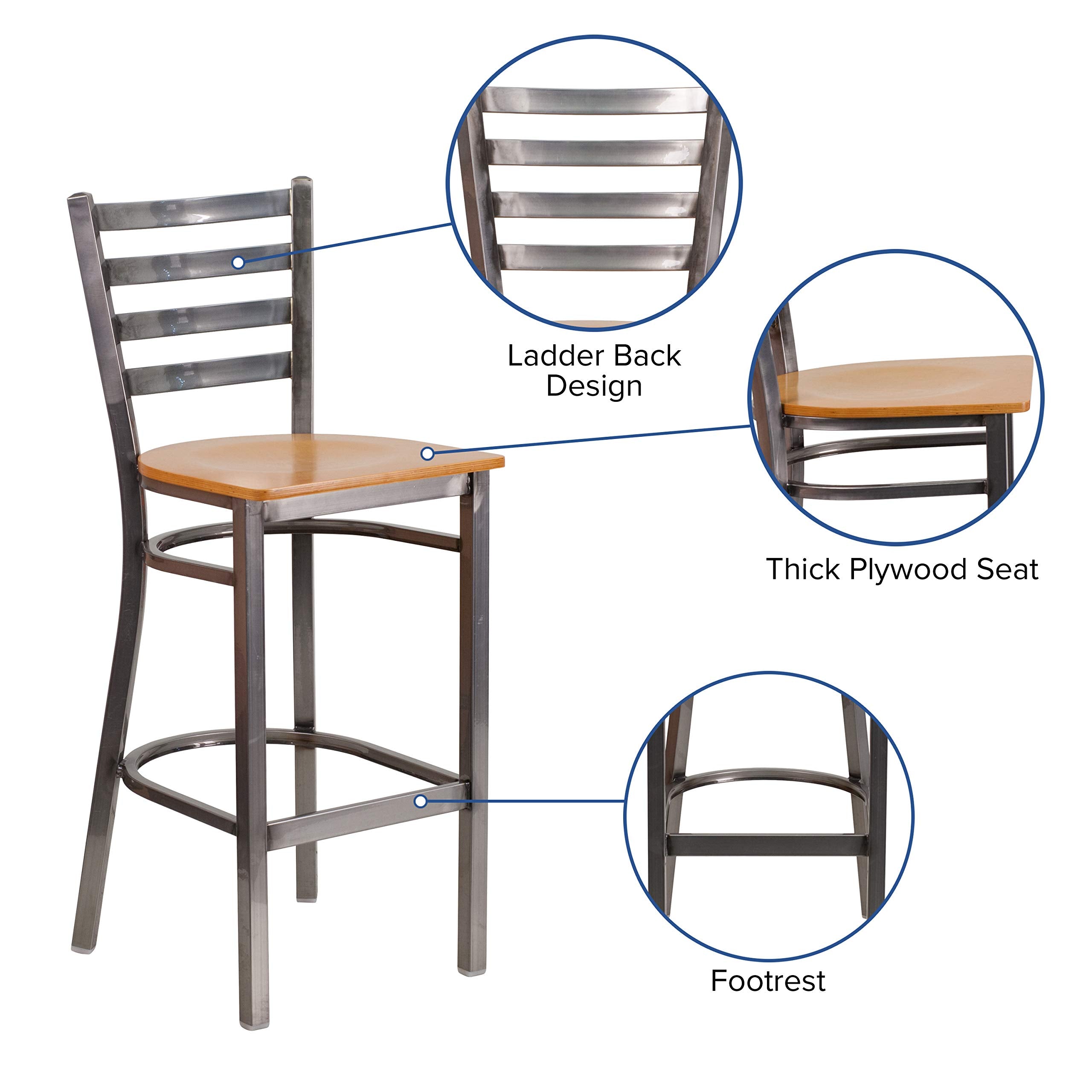 Flash Furniture Hercules Series Clear Coated Ladder Back Metal Restaurant Barstool - Natural Wood Seat (Pack Of 1)