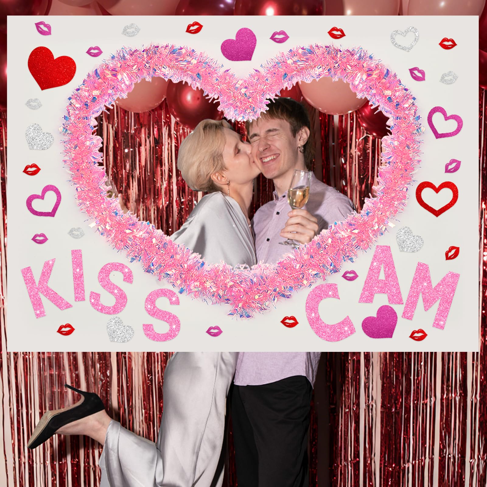 JarThenaAMCS 8 Pcs Valentine's Day Photo Booth Props Set Pink Heart Shape Kiss Cam Large Picture Frame DIY Cutouts Selfie Props 