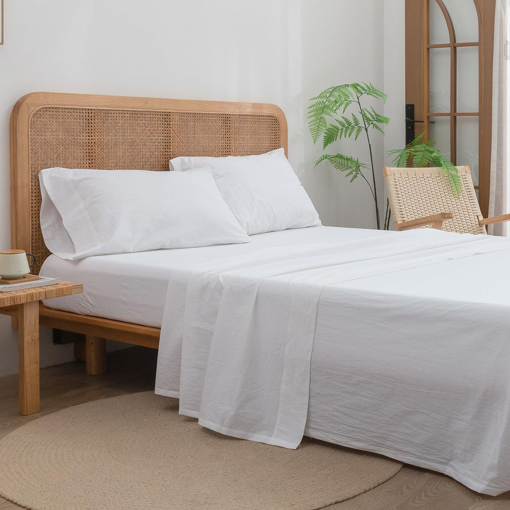 Bestouch Sheet Set 100% Washed Cotton Linen Feel Super Soft Comfortable Chic Lightweight 4 Pcs Home Bedding Set Solid Bright Whi