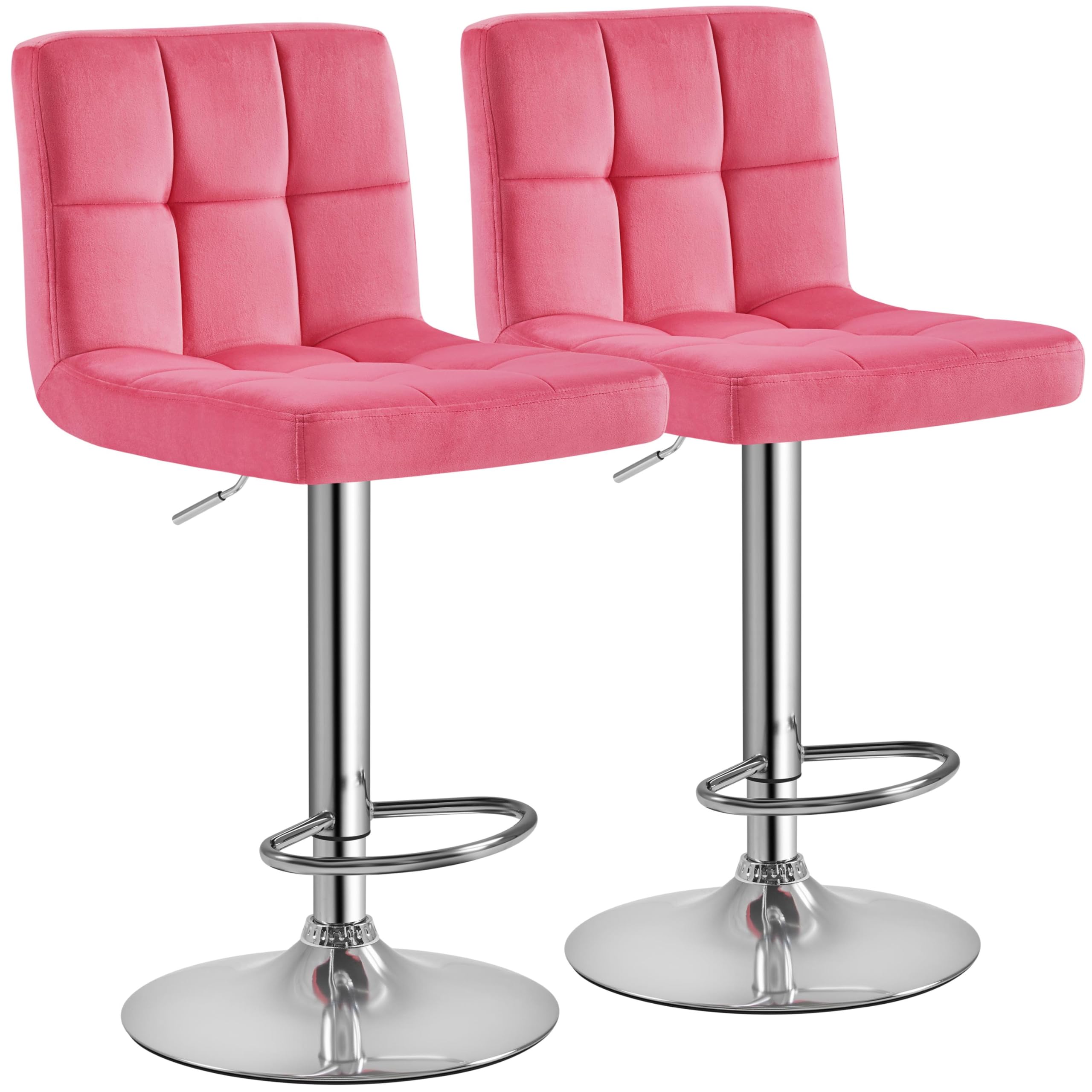 Yaheetech Pink Bar Stools Set of 2, Adjustable Velvet Barstools, Modern Counter Height Swivel Stool with Bigger Base for Kitchen