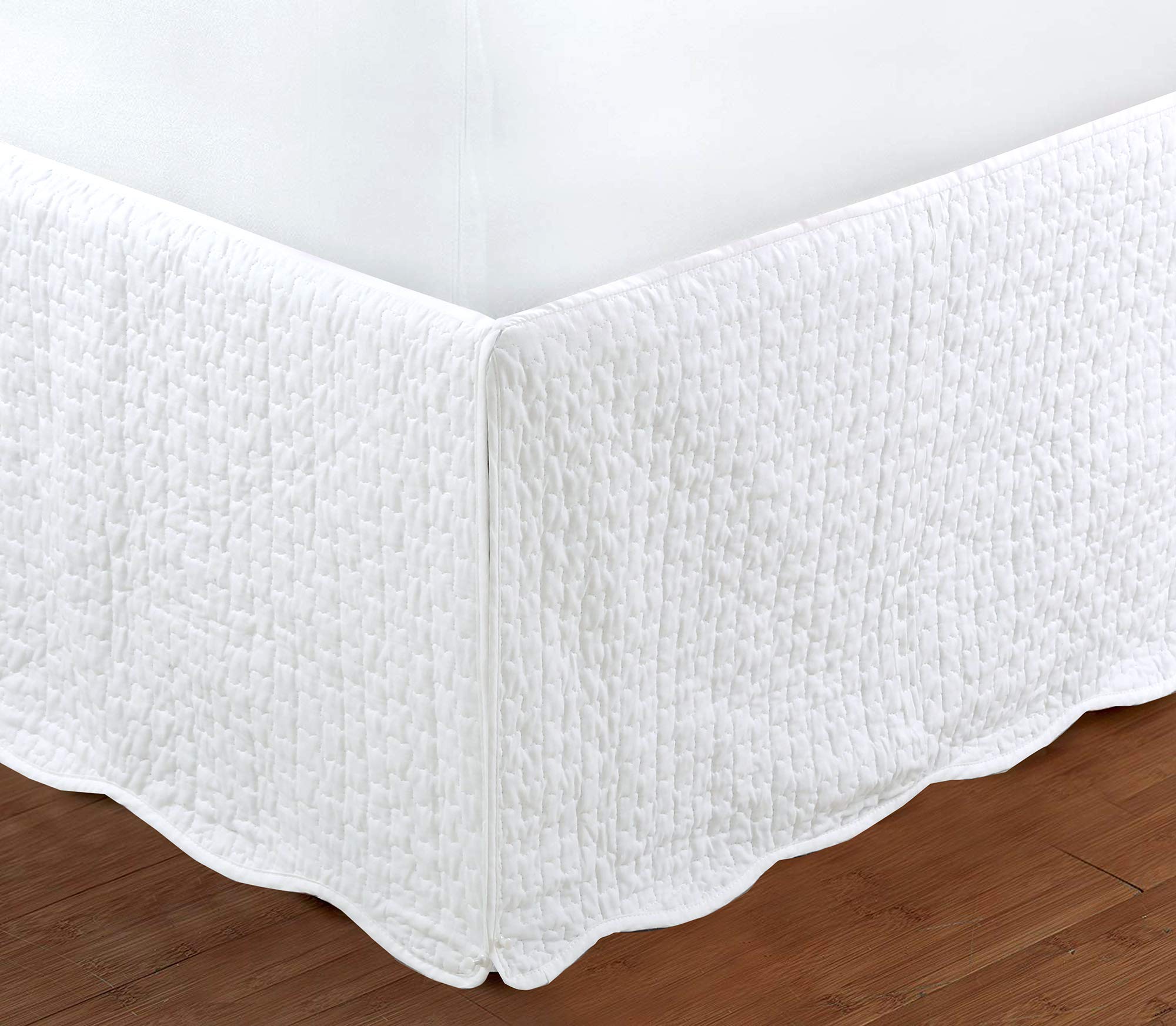 White Quilted Bed Skirt Dust Ruffle Matelasse Tailored 16' Drop (King)