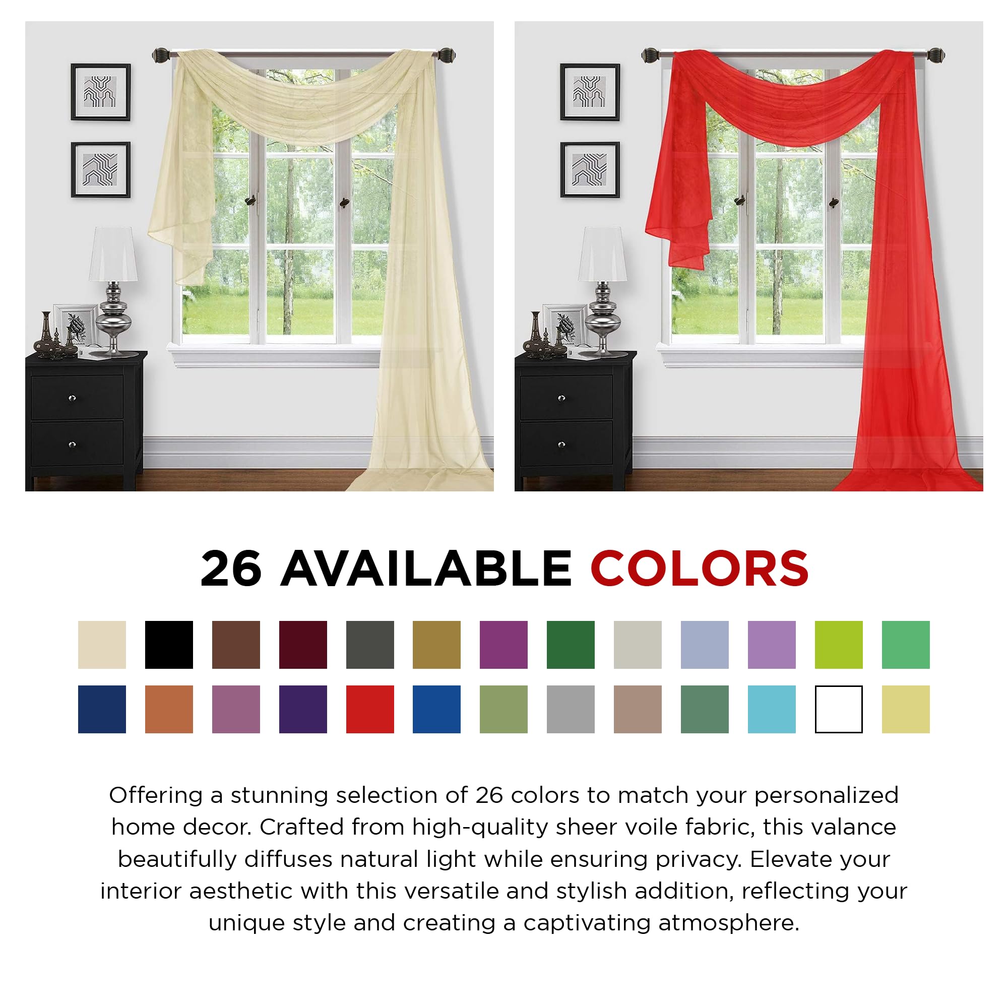 Sapphire Home Window Scarf Valance Curtains - Extra Long Sheer Valances For Windows - Voile Swag Curtains For Living Room, Kitch