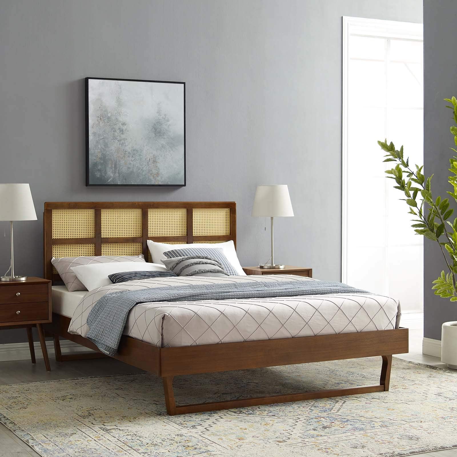 Modway Sidney Cane Rattan And Wood King Platform Bed In Walnut With Angular Legs