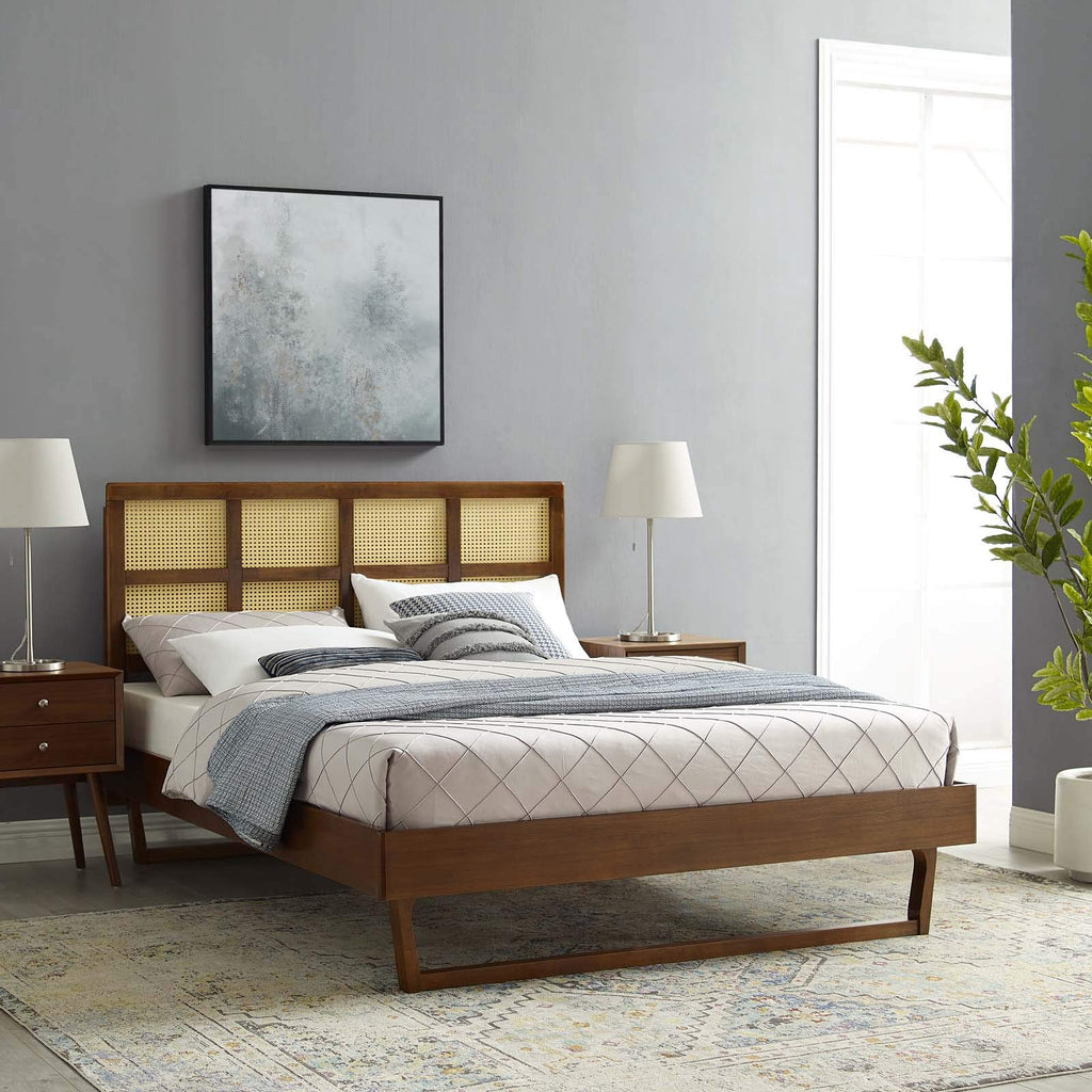 Modway Sidney Cane Rattan And Wood King Platform Bed In Walnut With Angular Legs