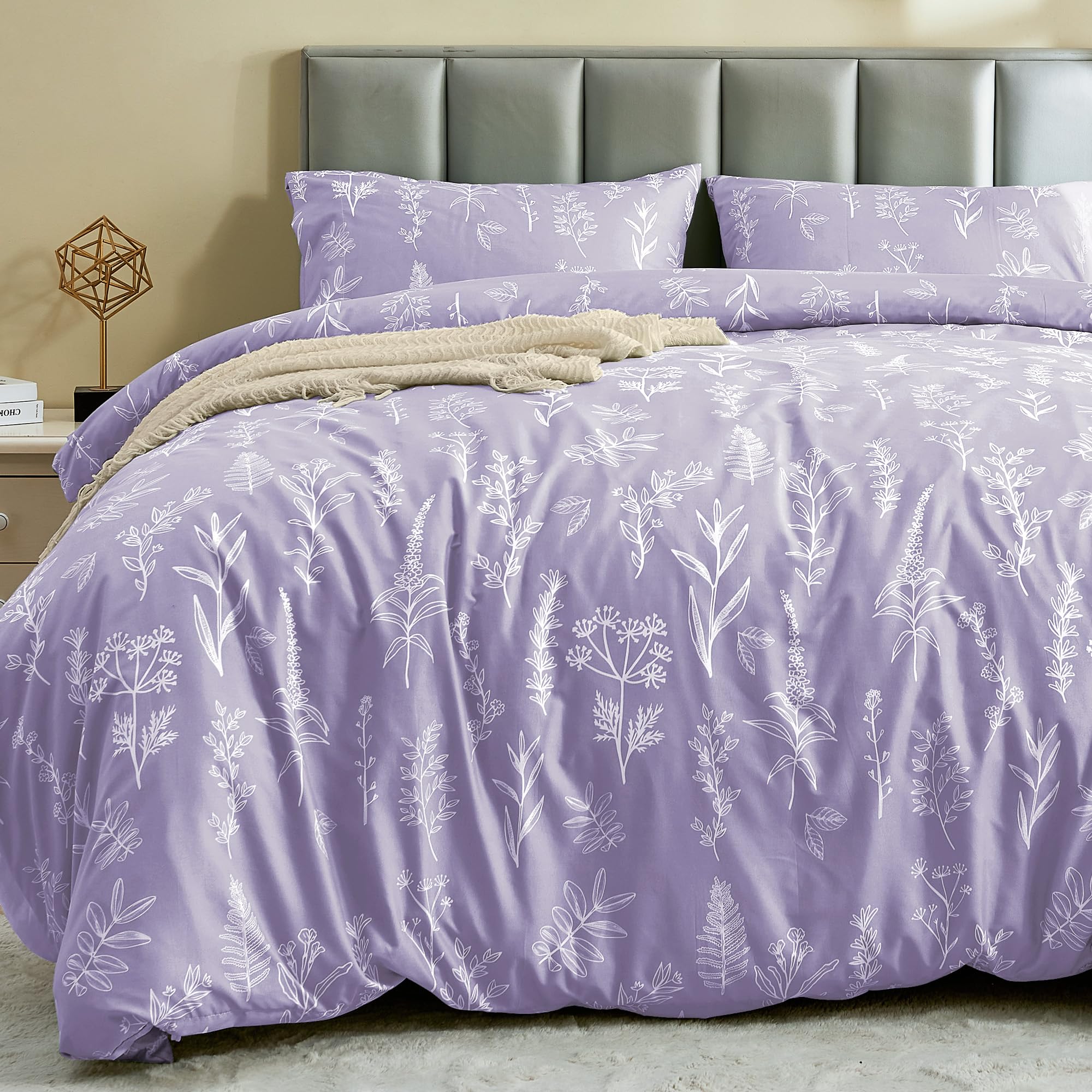 Muxhomo Duvet Cover Full Size, Reversible Floral Lavender Duvet Cover Set With Zipper Closure, 3 Pieces Botanical Patterns Soft