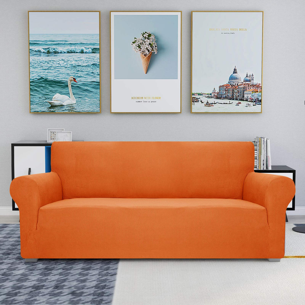 Jiviner High Stretch Couch Covers For 3 Cushion Couch 1-Piece Jacquard Elastic Sofa Slipcovers Anti Slip Sofa Cover With Elastic Bottom Furniture Protector For Kids Pets (Sofa, Orange)
