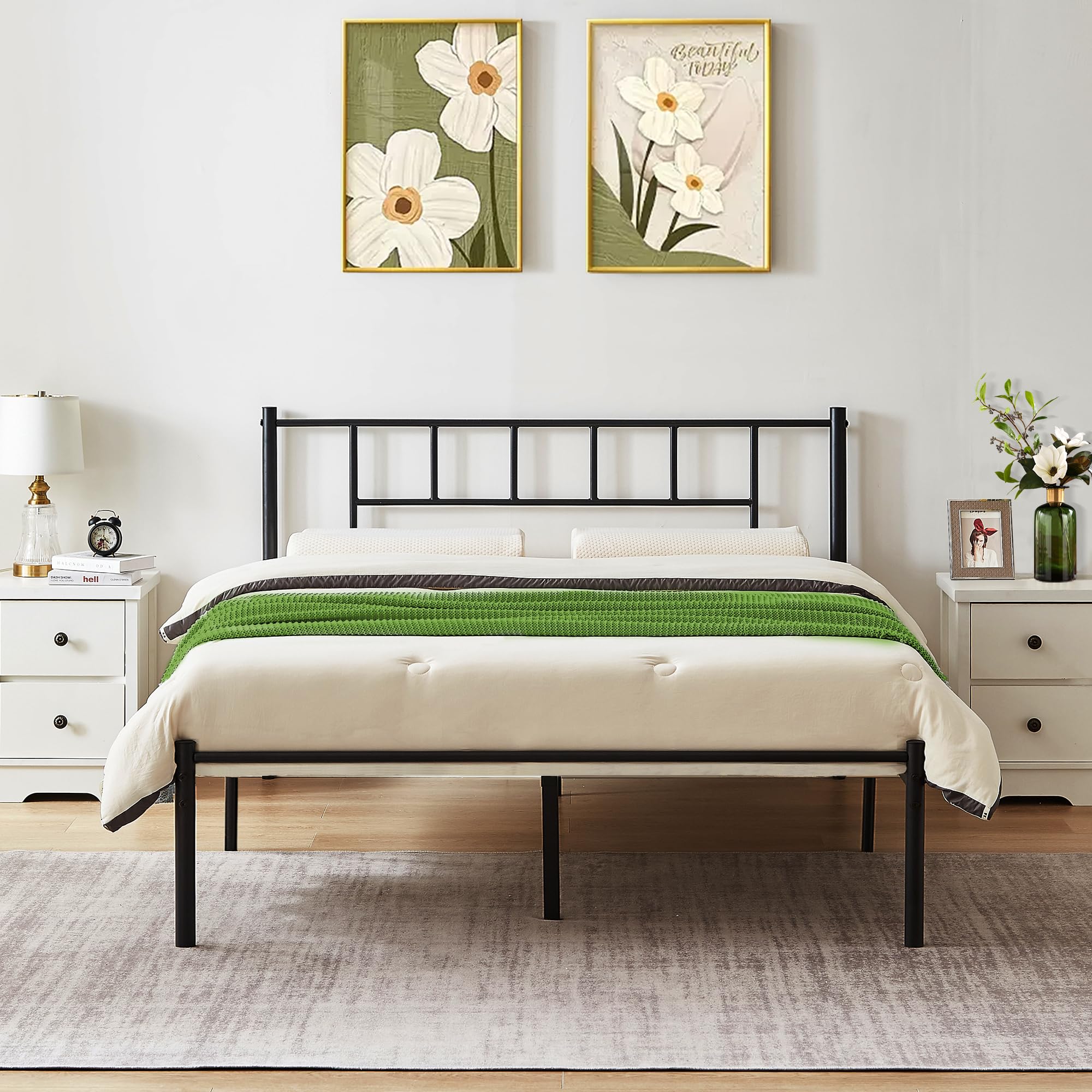 Vecelo Full Metal Platform Bed Frame With Headboard, Heavy Duty Steel Slat Support, Under Bed Storage,No Box Spring Needed, Easy Assembly