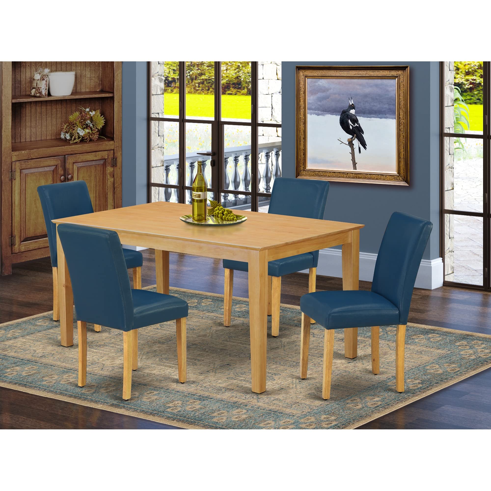 East West Furniture Caab5-Oak-55 Capri 5 Piece Set Includes A Rectangle Dining Room Table And 4 Oasis Blue Faux Leather Upholstered Parson Chairs, 36X60 Inch