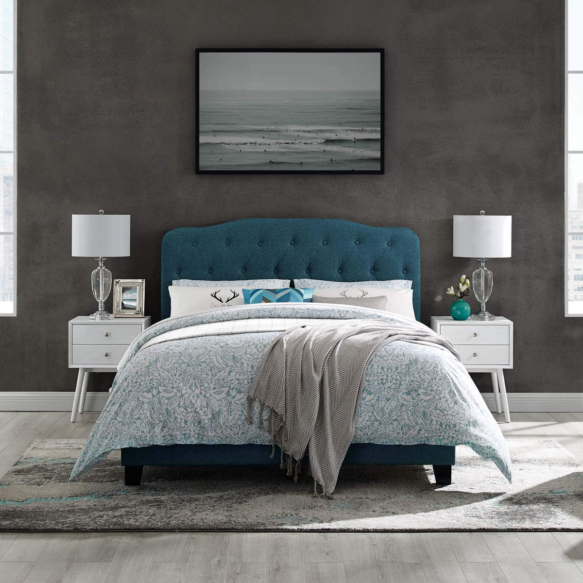 Modway Amelia Tufted Fabric Upholstered Queen Platform Bed In Azure