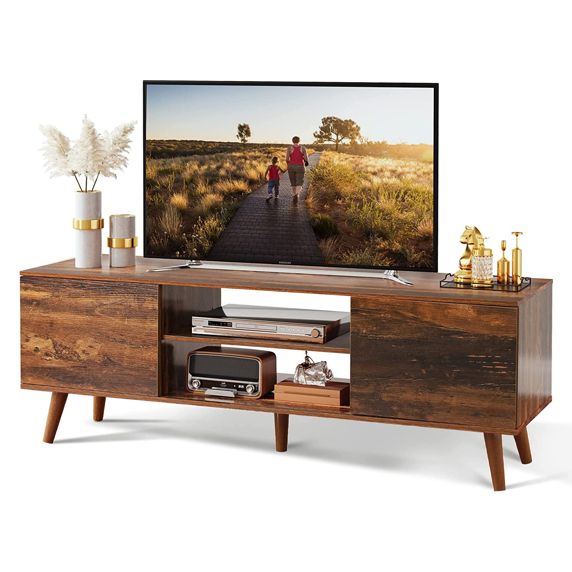 Wlive Tv Stand For 55 60 Inch Tv, Mid Century Modern Tv Console, Entertainment Center With Storage For Living Room, Retro Brown