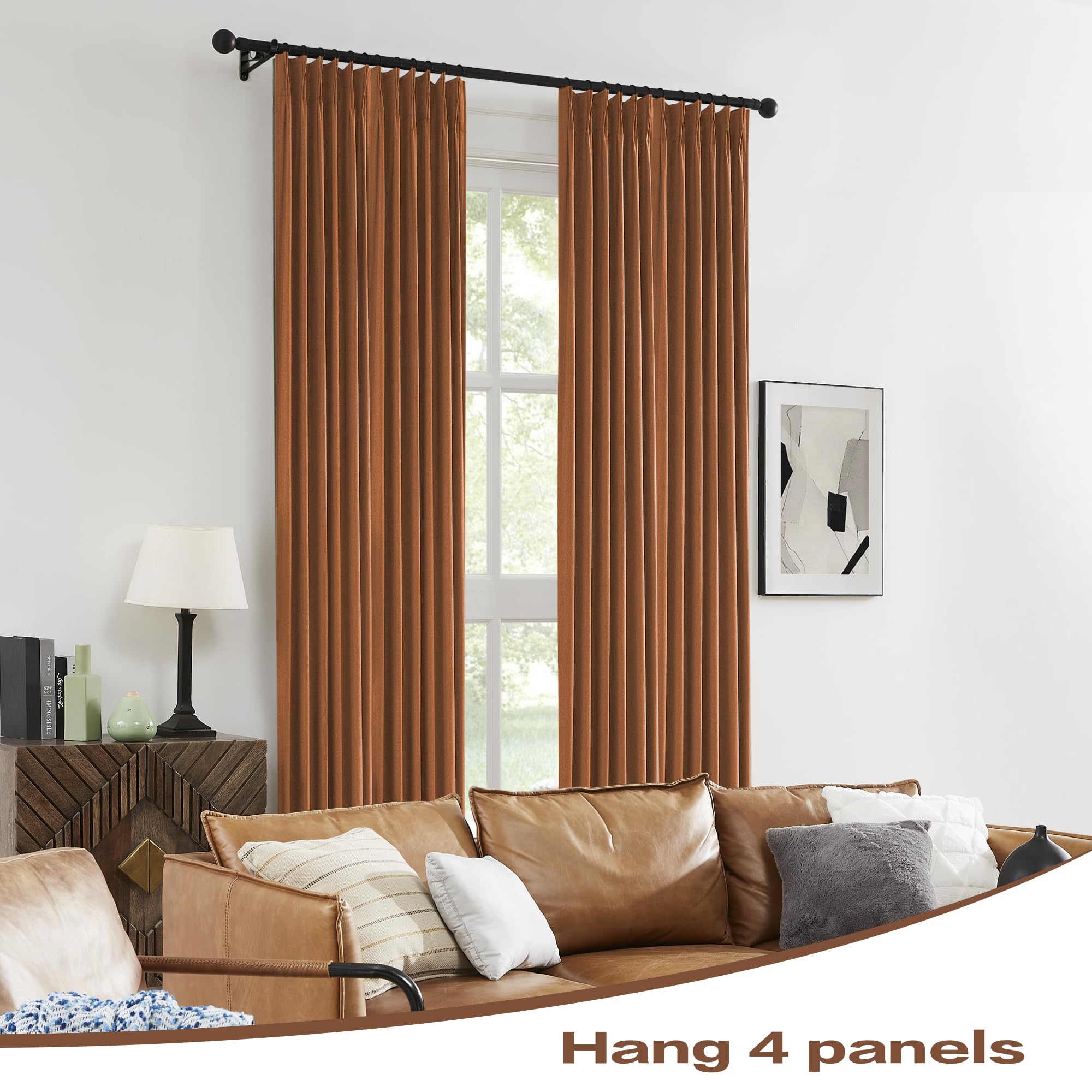 Dualife Rust Pinch Pleated Blackout Curtains 108 Inches Long, Boho Farmhouse Retro Totally Blackout Curtains Drapes With Hooks F