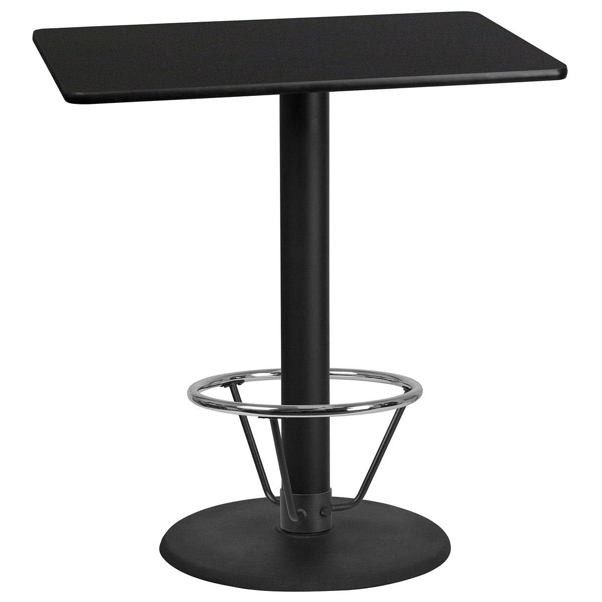 Flash Furniture 30'' x 42'' Rectangular Black Laminate Table Top with 24'' Round Bar Height Table Base and Foot Ring