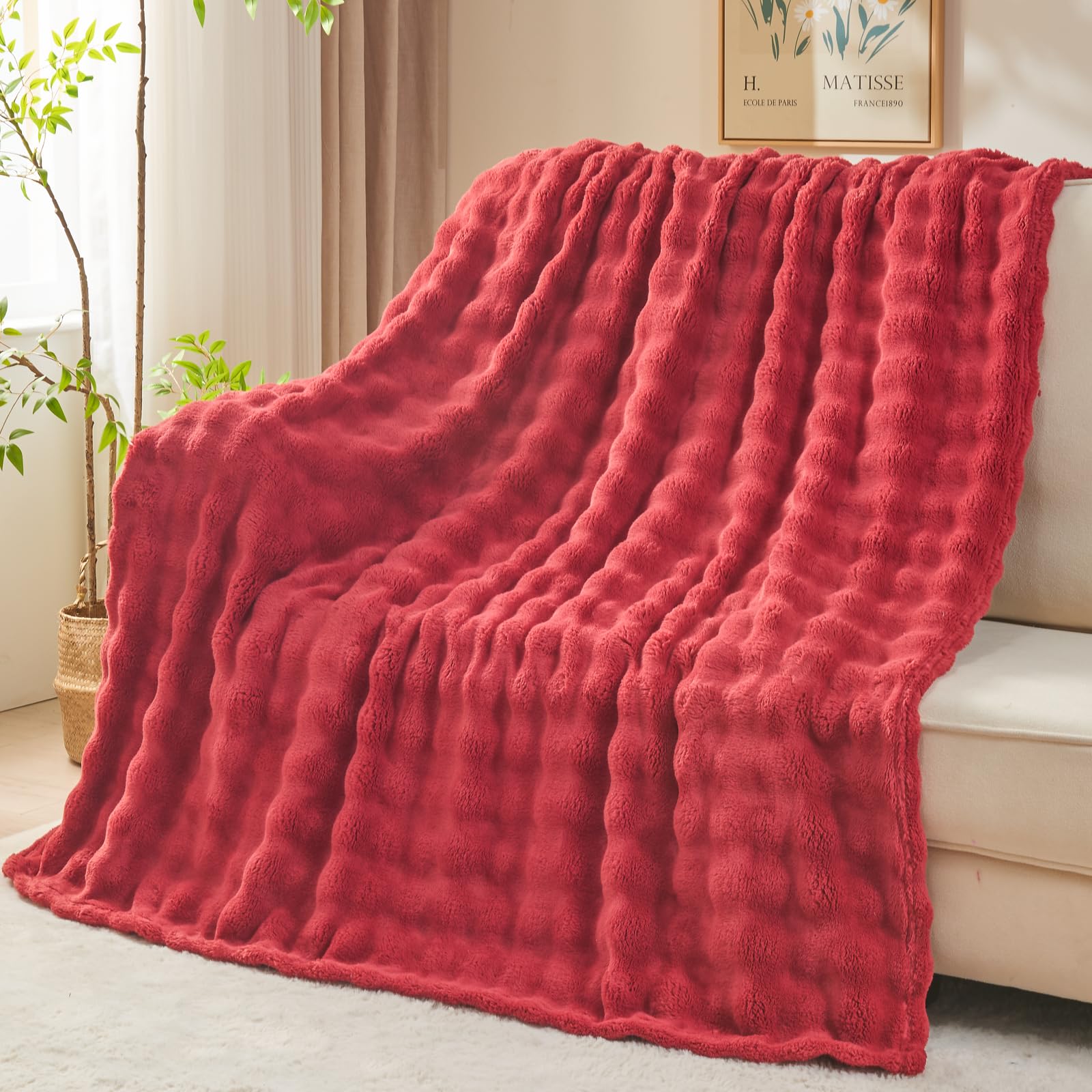 Newcosplay Throw Blanket For Couch Red Super Soft Flannel Fleece 3D Bubble Lightweight Bed Blanket All Season Use (Red, Throw(50