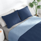 Easy-Going Full/Queen Size Reversible Quilt Set With 1 Quilt And 2 Pillow Shams, Soft Bed Quilt Cover, Water Resistant Lightweight Microfiber Bedspread, Stain Resistant, Dark Blue/Light Blue