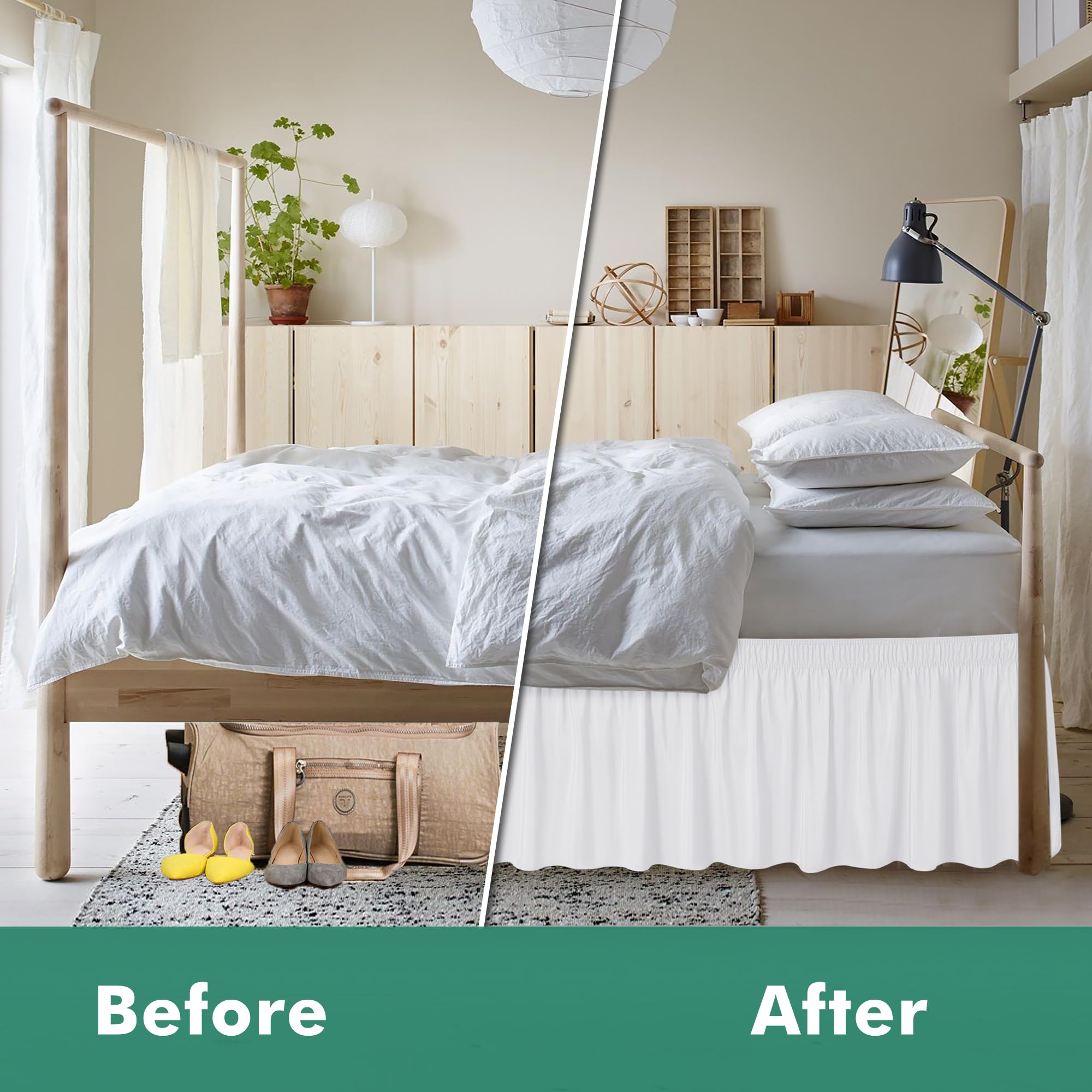 Biscaynebay Wrap Around Bed Skirts With Split Corners For Queen Beds 17' Drop, White Elastic Dust Ruffles Easy Fit Wrinkle & Fade Resistant Silky Luxurious Fabric Solid Machine Washable
