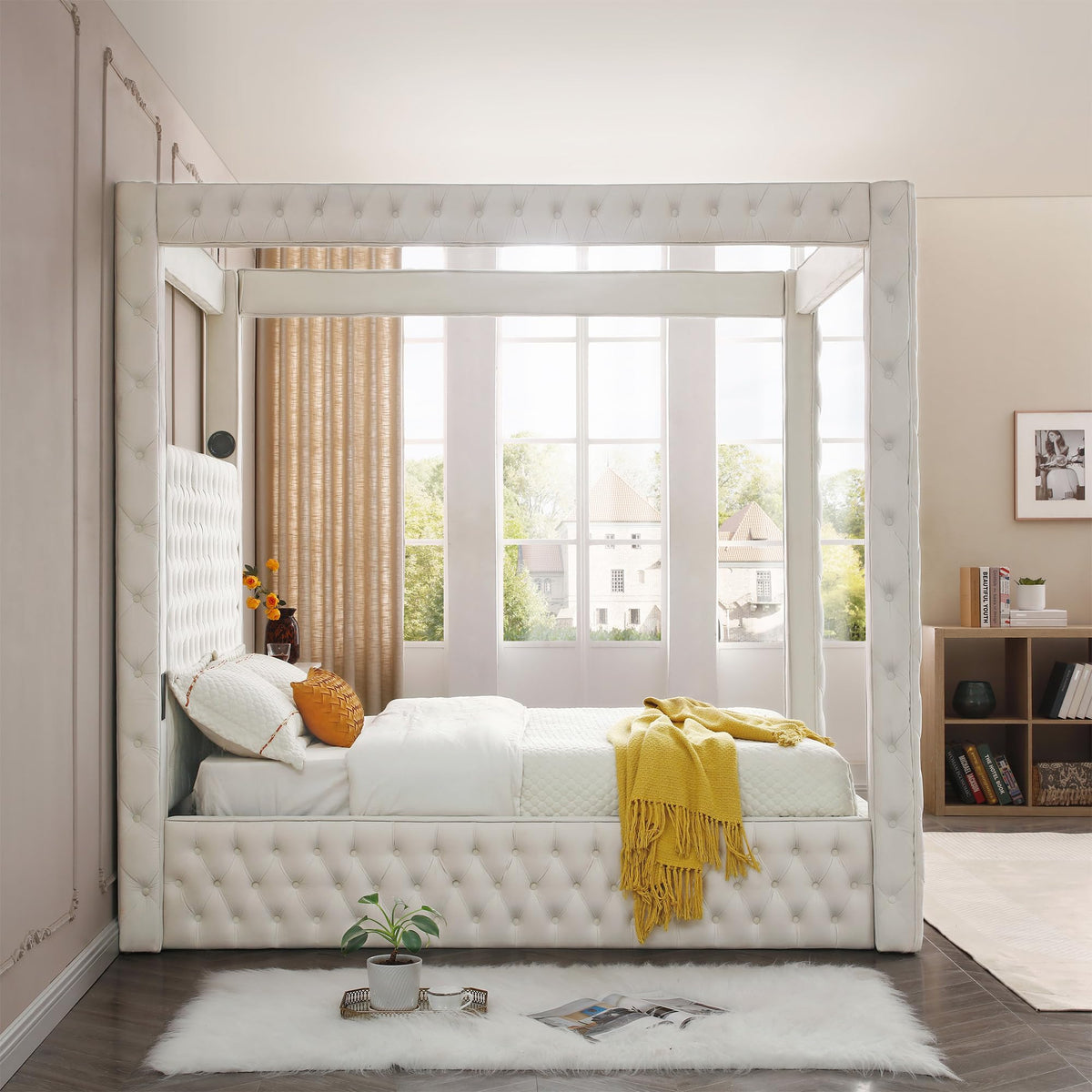 Better Home Products Dream Luxurious Velvet Canopy Bed with Speaker & USB Connection (Cream, King)?