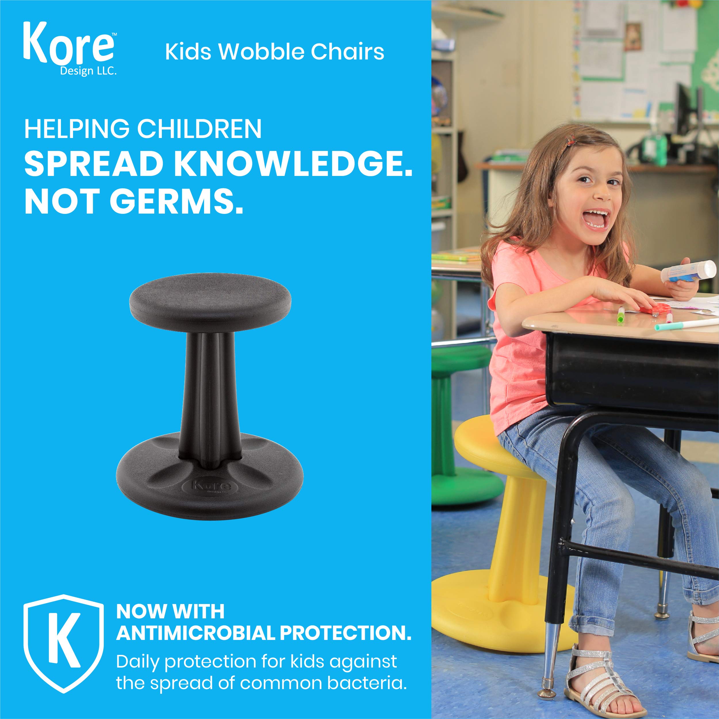 Kore Design Wobble Stool Chair, Girls + Boys Kid Desk Stools, Ergonomic Small Office Chairs, Flexible Seating For Active Kids, Add/Adhd, Classroom, School, Home, Junior (16In), Age 8-9 Yrs, Black
