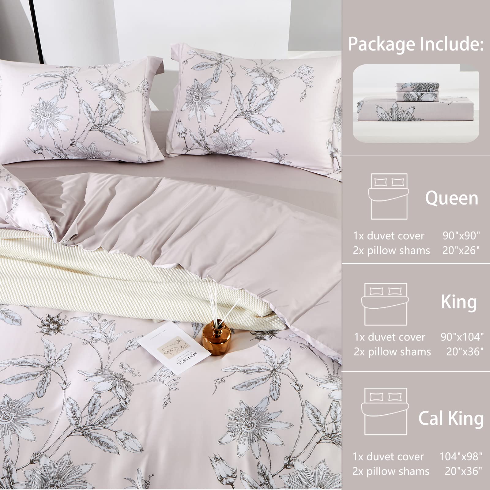 Mildly 100% Long-Staple Cotton Duvet Cover Set Light Pink Elegant Floral Pattern Printed Comforter Cover 3Pcs, Ultra Soft & Brea