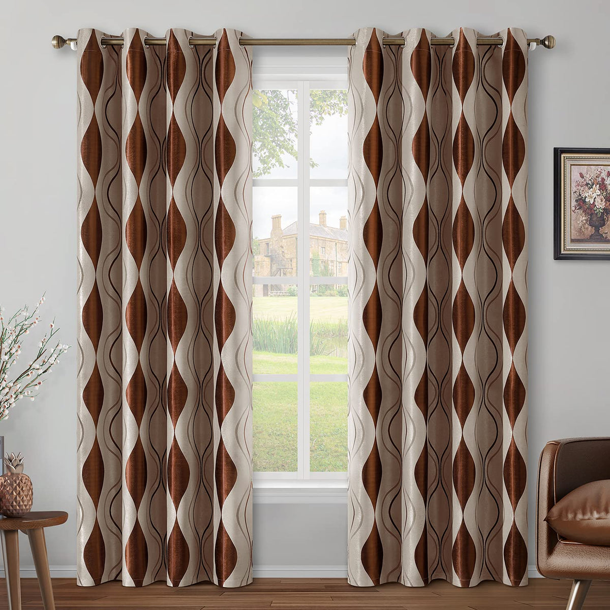 Homeideas Wave Room Darkening Curtains 52 X 96 Inch Long Brown And Beige Set Of 2 Panels Bedroom Curtains/Drapes,Jacquard Gromme