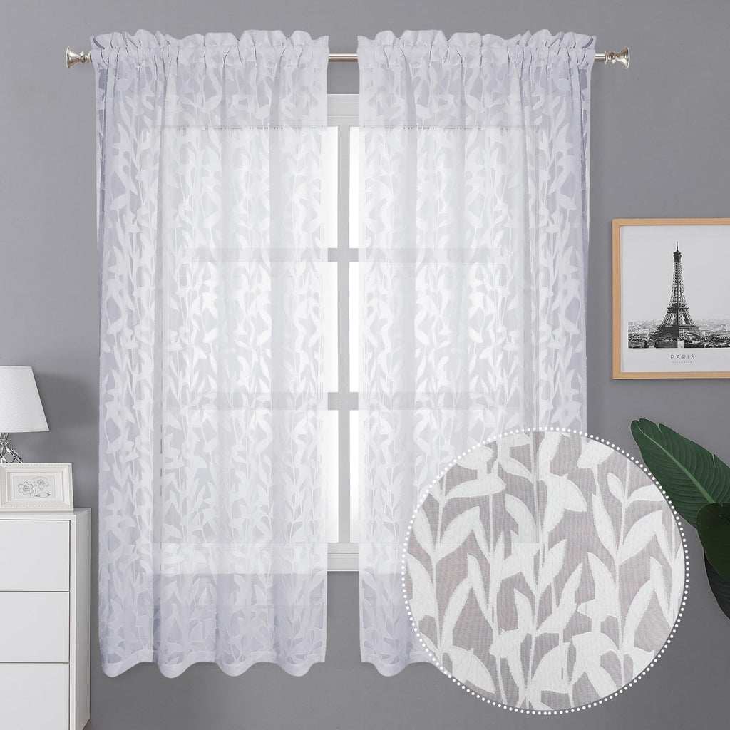 Lecloud Leia 2 Panels Sheer White Curtains 63 Inch Length For Kitchen, Privacy Protections Bedroom Curtain & Drapes Rod Pockets