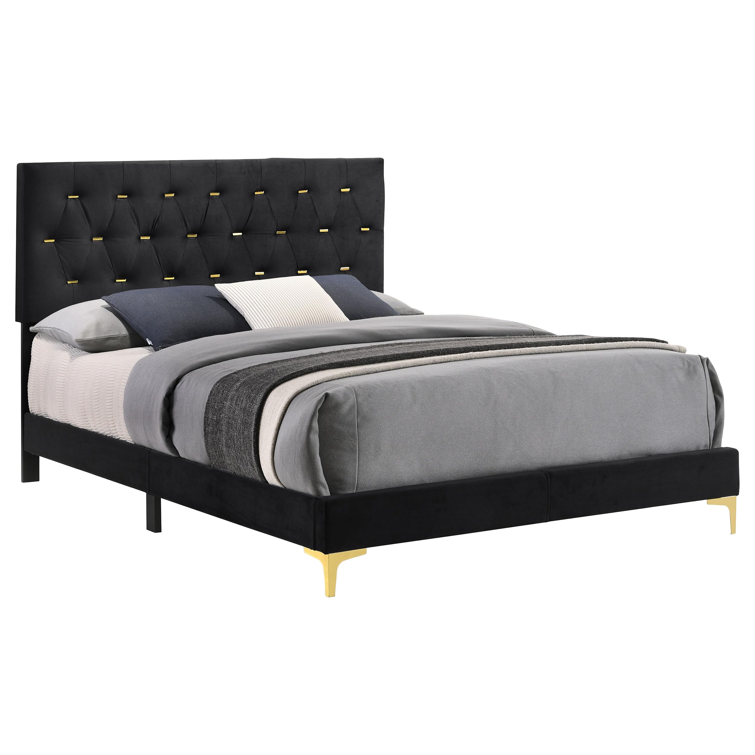 Coaster Home Furnishings Kendall 49-Inch Upholstered Bed Eastern King Size Modern Panel Bed Frame Velvet Upholstery Button Tufted with Gold Accents Black 224451KE