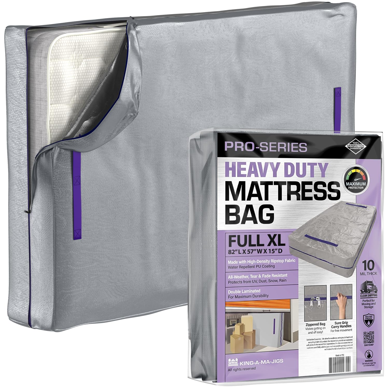 (Full Xl) 10 Mil Thick - Moving And Storage Mattress Bag W Zipper And 8 Carrying Handles - Waterproof - Uv Resistant - Heavy Dut