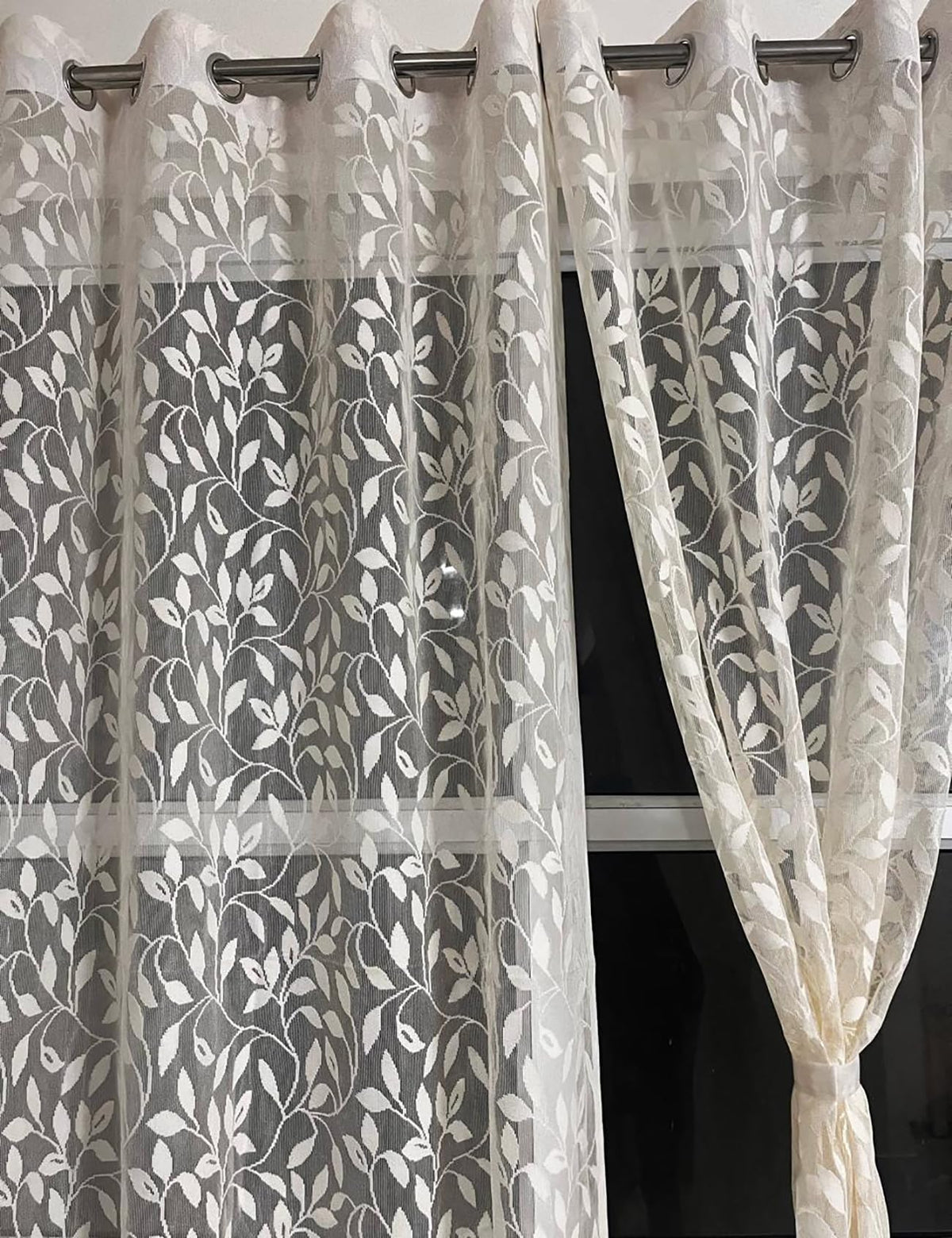 Fabrilia Leaf Floral Pattern Door Net Grommet Semi Sheer Curtains 7 Feet Long Set Of 2 For Living Room/Bedroom, Cream