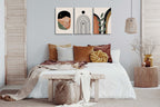 Boho Wall Art Prints Set Of 3, Boho Wall Decor, Mid Century Modern Prints Sun Moon Leaf Mountain Canvas Wall Painting, Neutral A