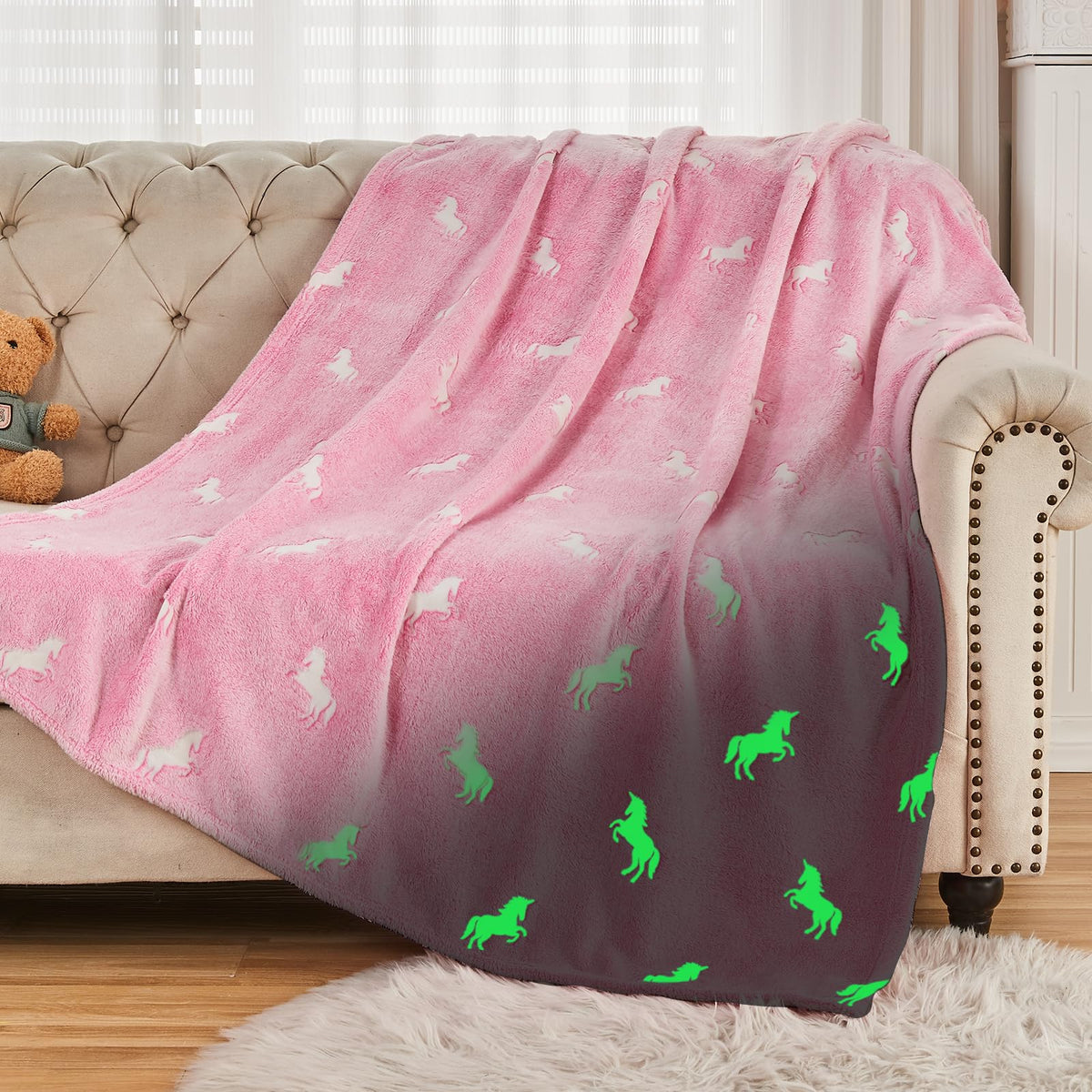 Sochow Glow In The Dark Throw Blanket 40 X 50 Inches, Unicorn Pattern Soft Cozy Flannel Fleece Blanket For Girls, All Seasons Pi