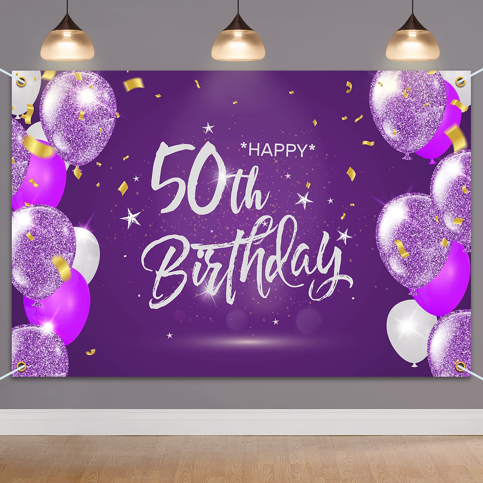Hamigar 6X4Ft Happy 50Th Birthday Banner Backdrop - 50 Years Old Birthday Decorations Party Supplies For Women - Purple