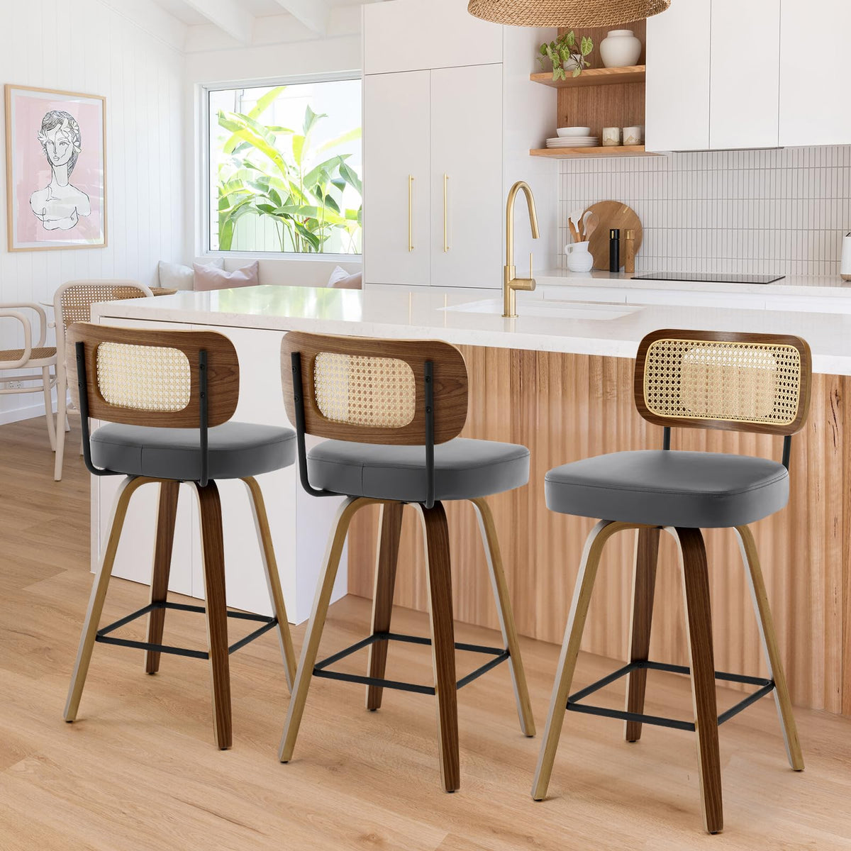 Bekrvio Swivel Bar Stools Set Of 3, Upholstered Faux Leather Barstools With Rattan Back, 29' Seat Height Bar Chairs For Kitchen Island, Bentwood Wood Frame, Grey