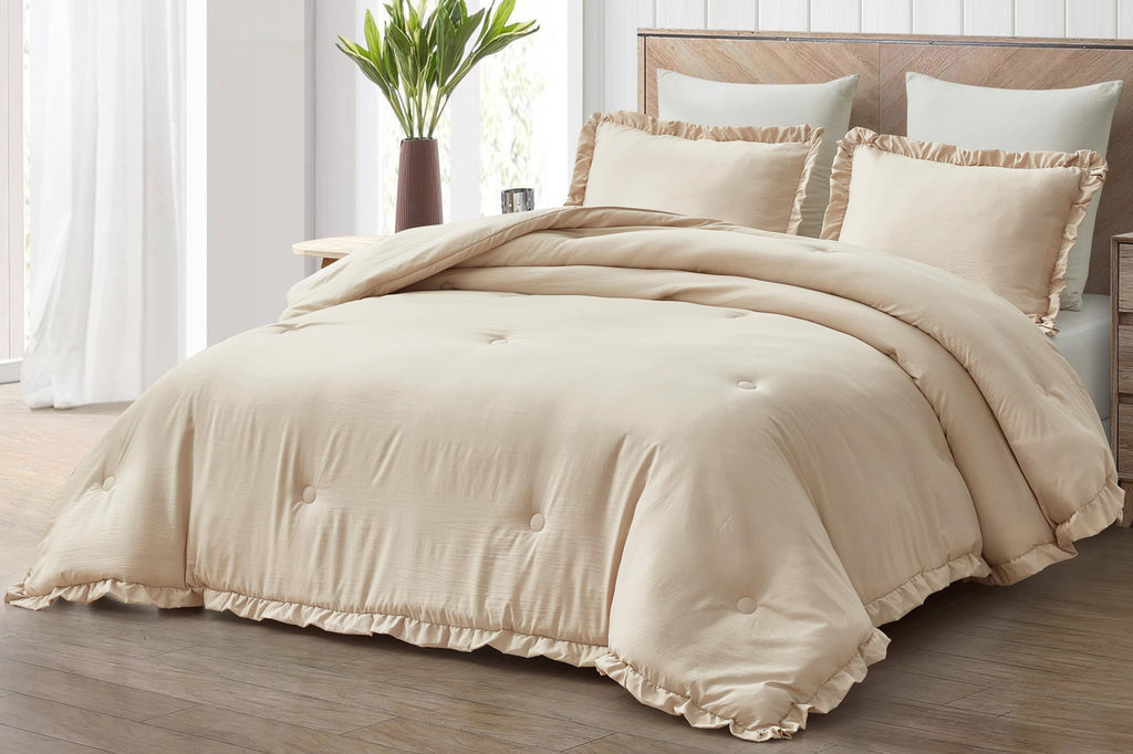 Chezmoi Collection Nora Light Sand Comforter Set Twin Size 2-Piece Lightweight Soft Fluffy Ruffled Edge Trim Stone-Washed Microf