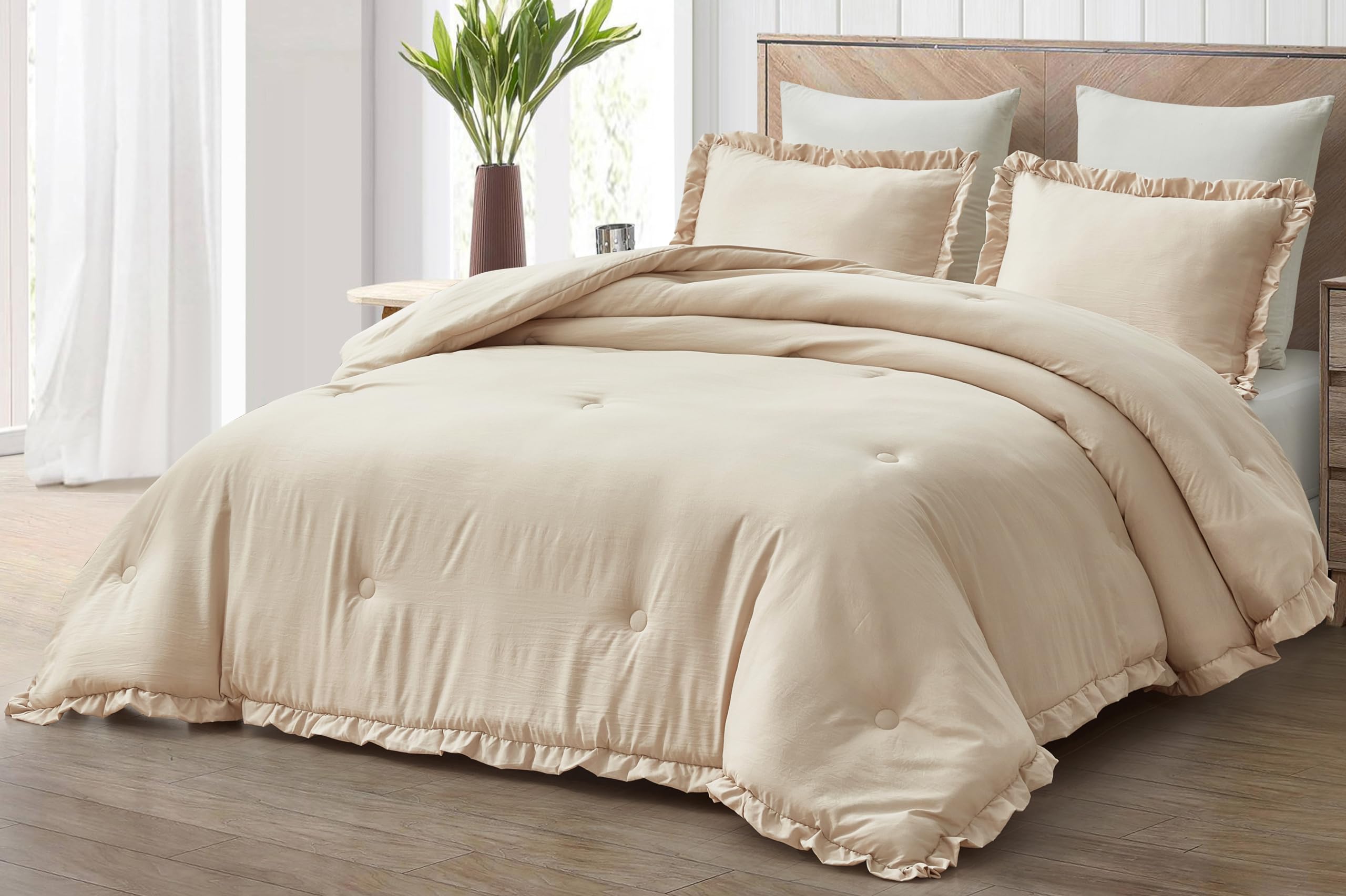 Chezmoi Collection Nora Light Sand Comforter Set Queen Size 3-Piece Lightweight Fluffy Soft Lightweight Bedding Ruffled Edge Tri